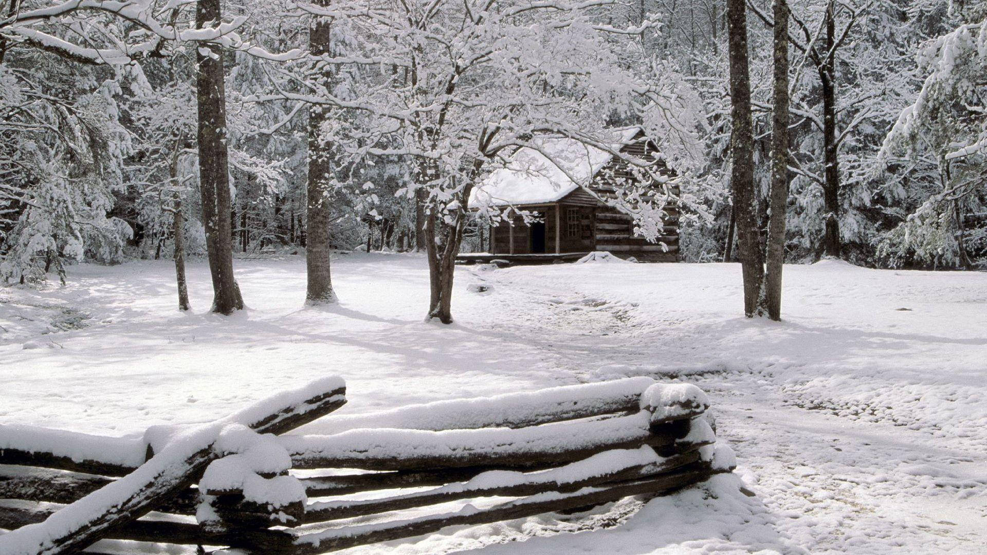 Great Smoky Mountains, snow-covered log cabin, winter forest, Full HD Desktop Wallpaper