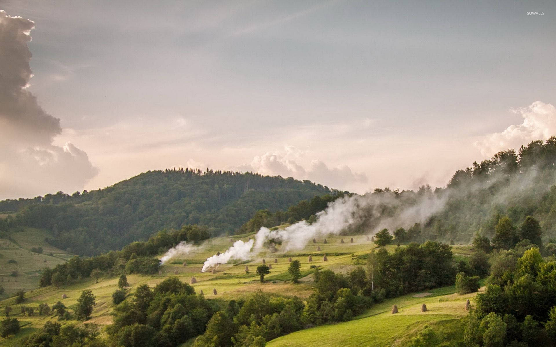Smoky Mountains, green fields, white smoke, Full HD Desktop Wallpaper