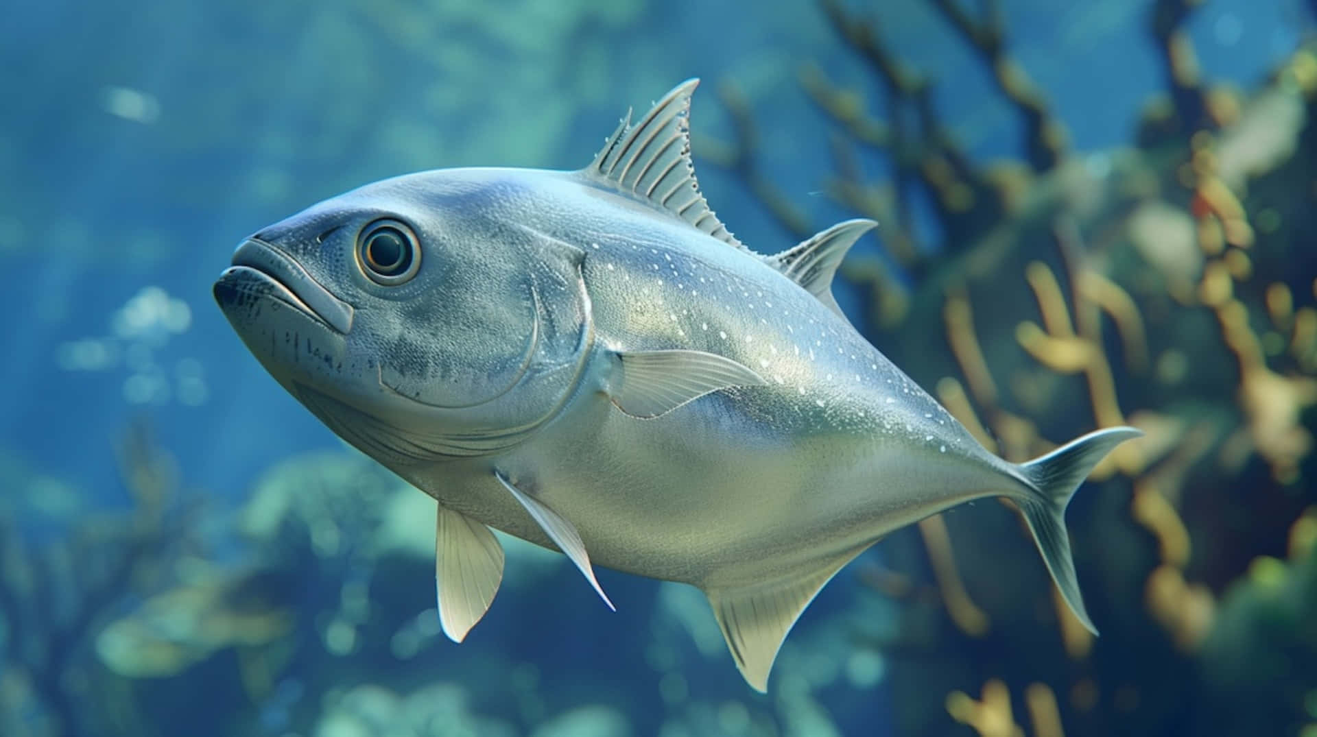 Greater Amberjack, silver, sunlit blue waters, Full HD Desktop Wallpaper