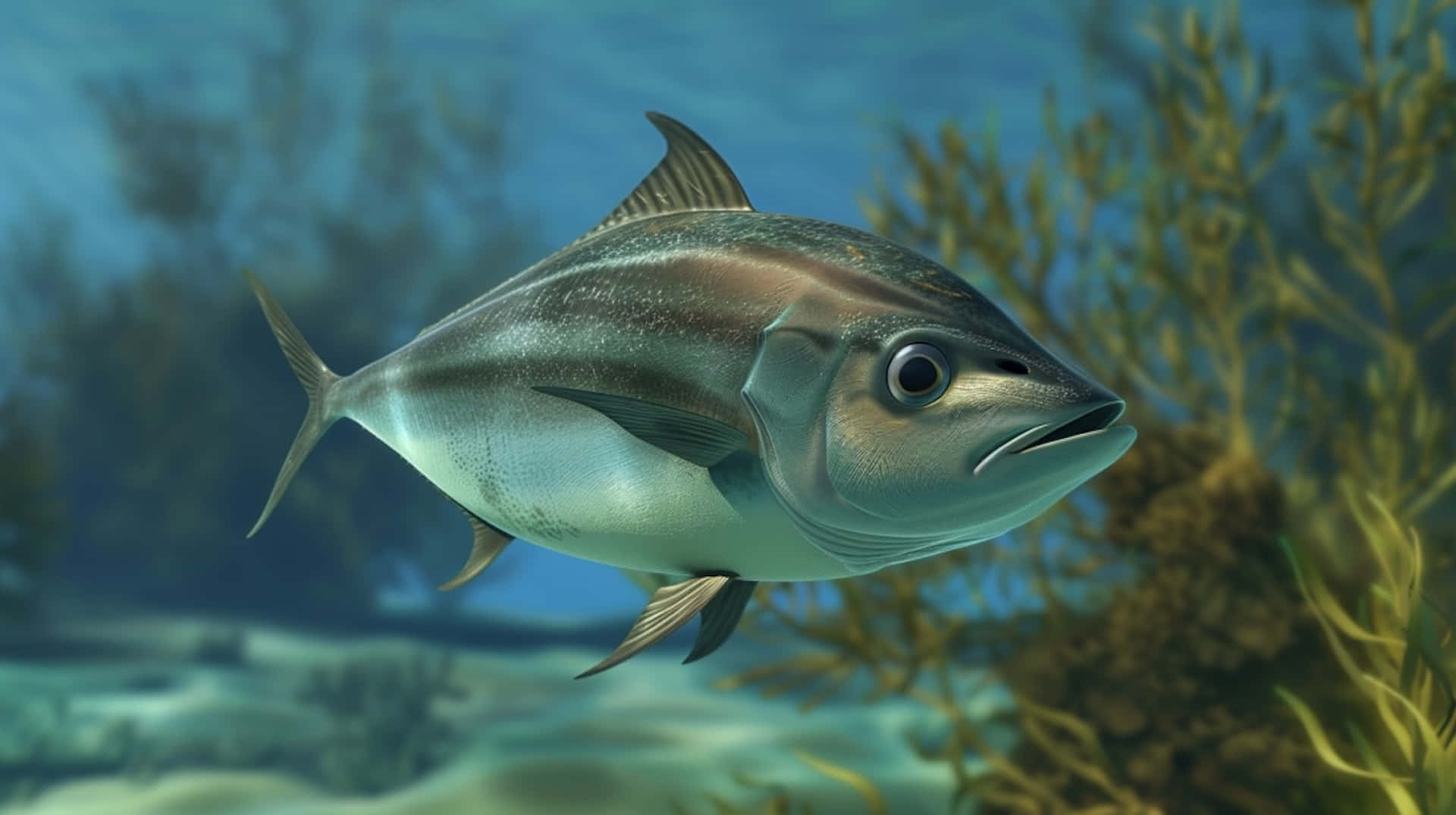 Greater Amberjack, sunlit turquoise waters, swaying coral, Full HD Desktop Wallpaper