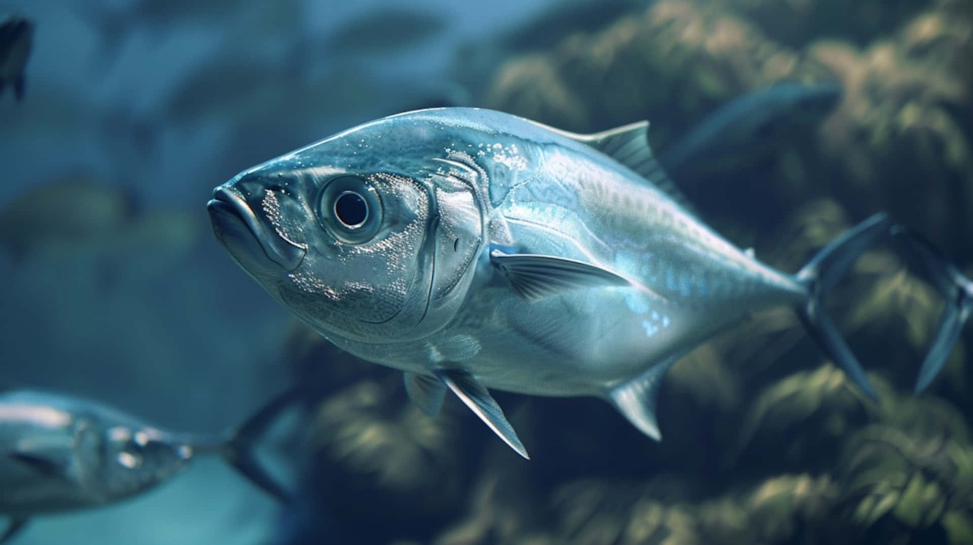 Greater Amberjack, underwater portrait, sleek silver tuna, Full HD Desktop Wallpaper