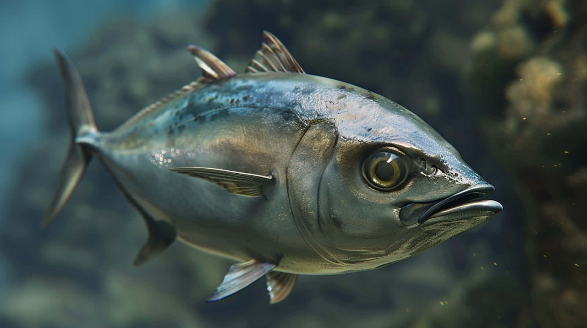 Greater Amberjack, silver, murky blue-green ocean water, Full HD Desktop Wallpaper