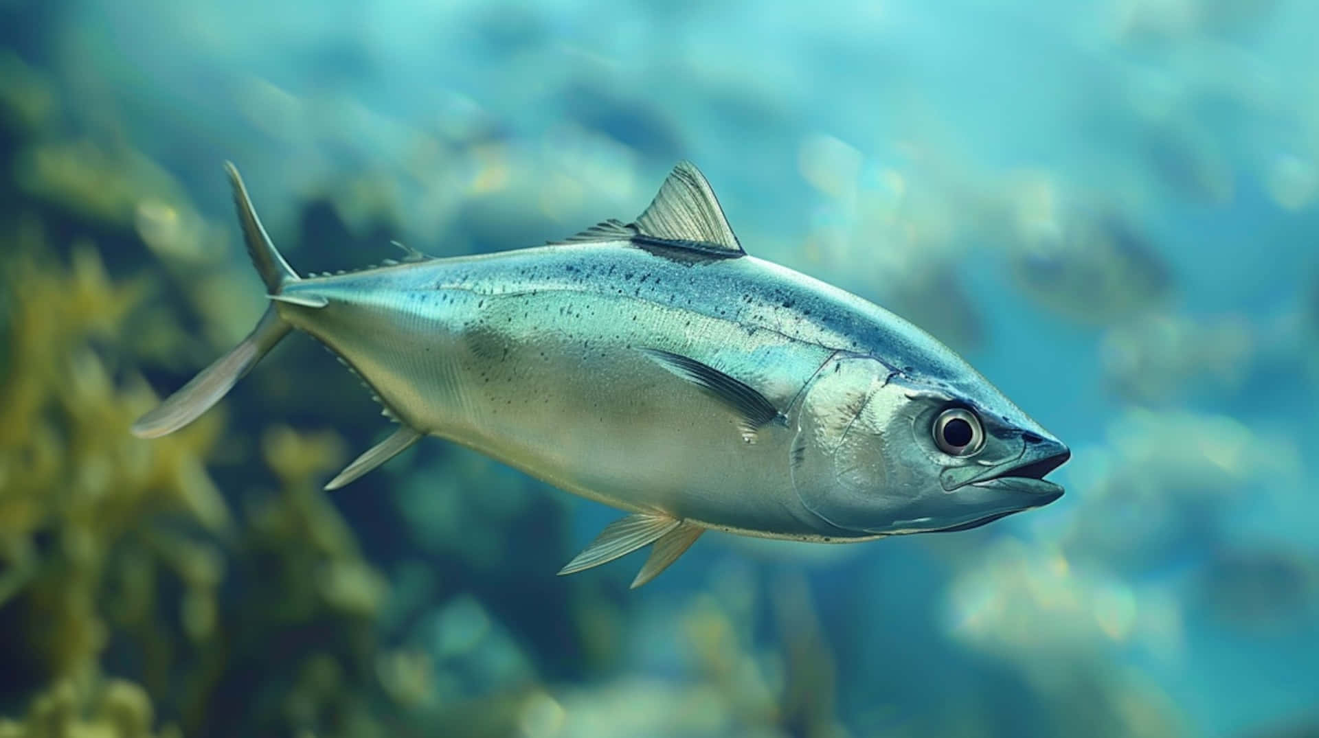 Greater Amberjack, silver, sunlit blue water, Full HD Desktop Wallpaper