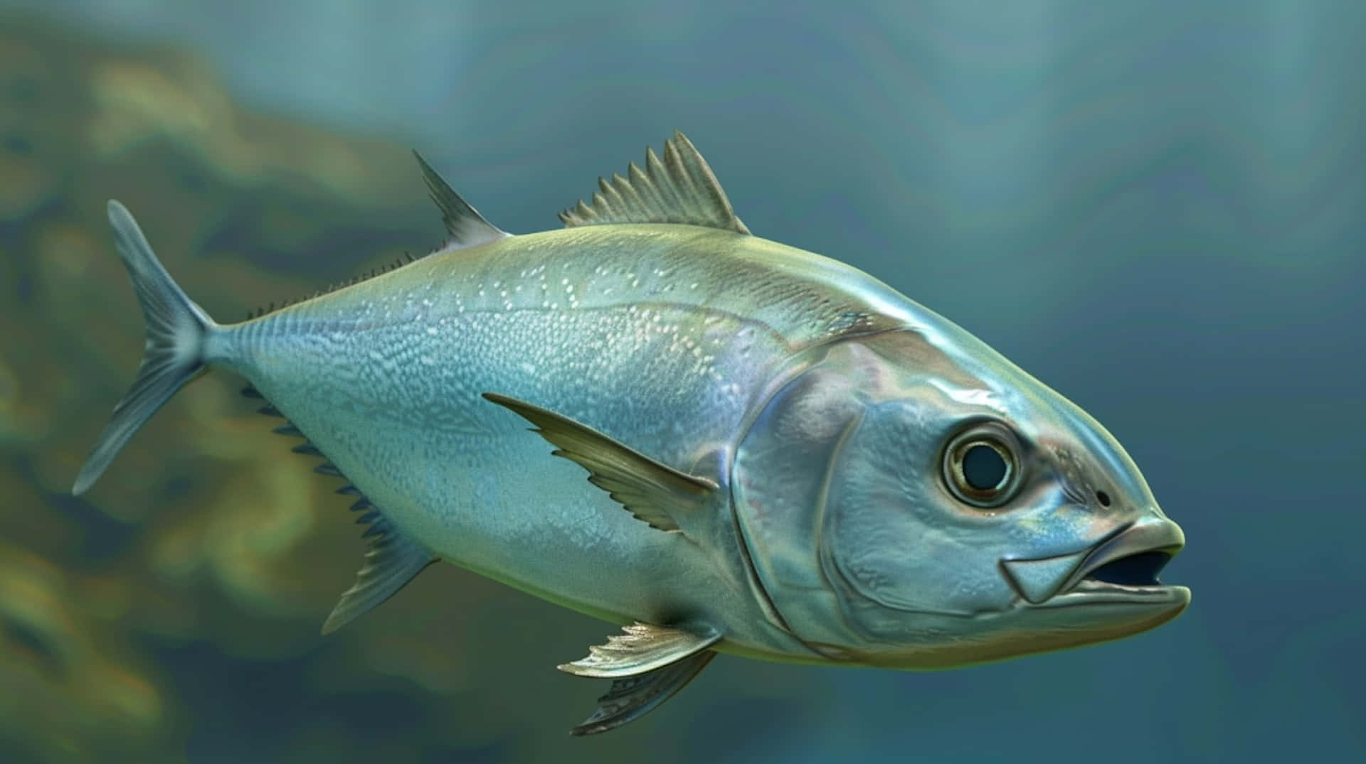 Greater Amberjack, silver, murky blue-green water, Full HD Desktop Wallpaper