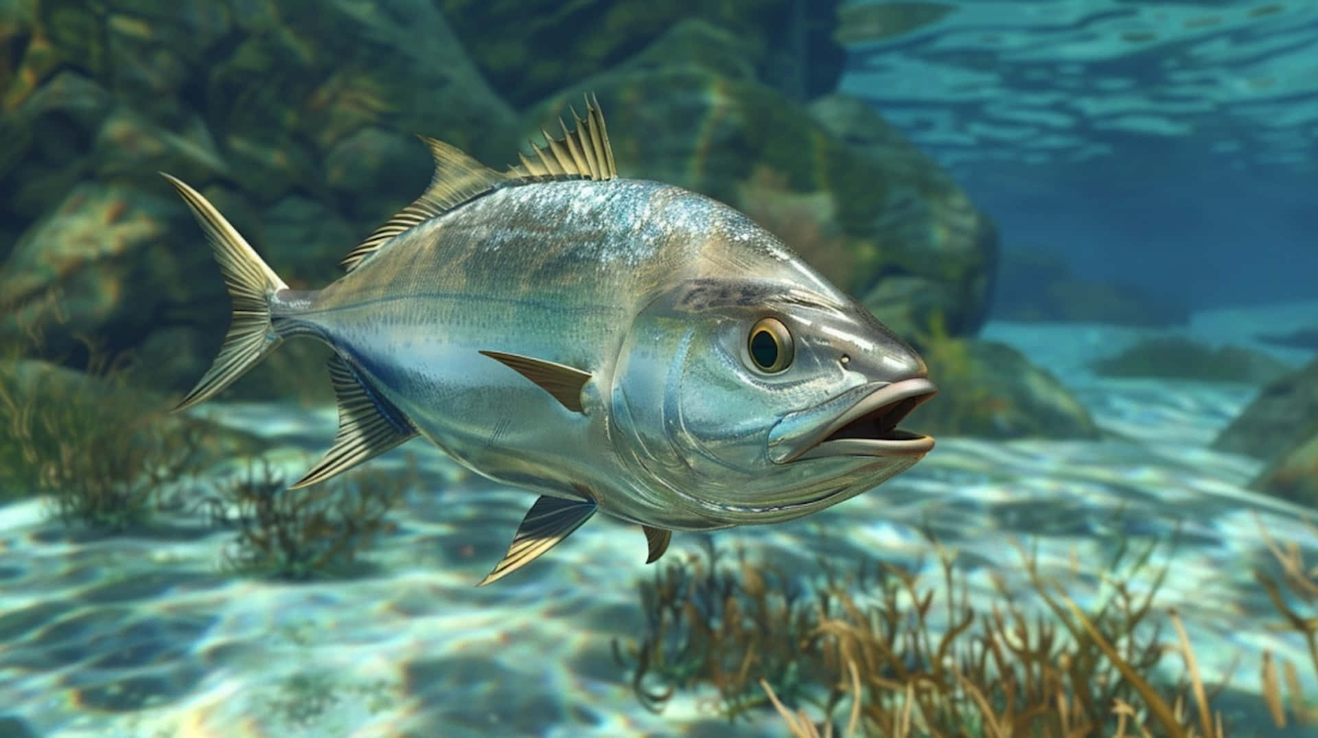 Greater Amberjack, silver, coral, Full HD Desktop Wallpaper