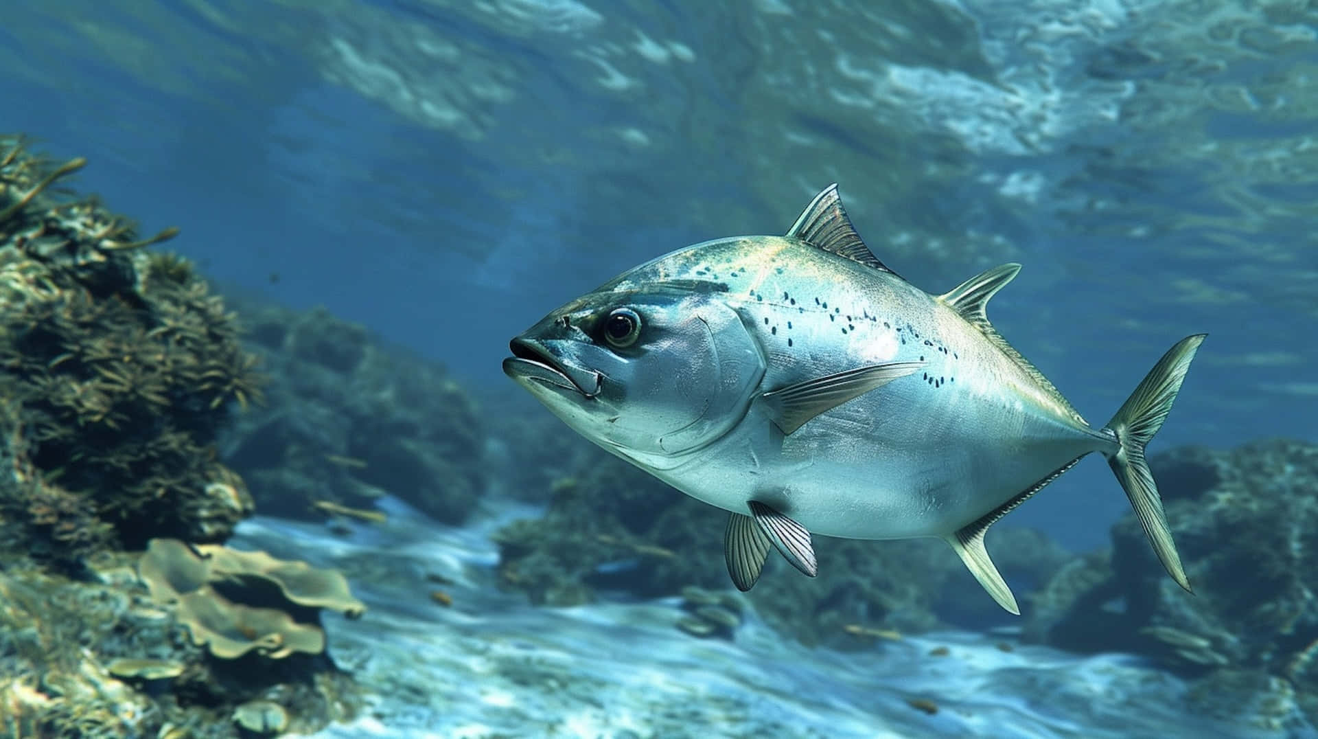Greater Amberjack, silver, coral reef, Full HD Desktop Wallpaper