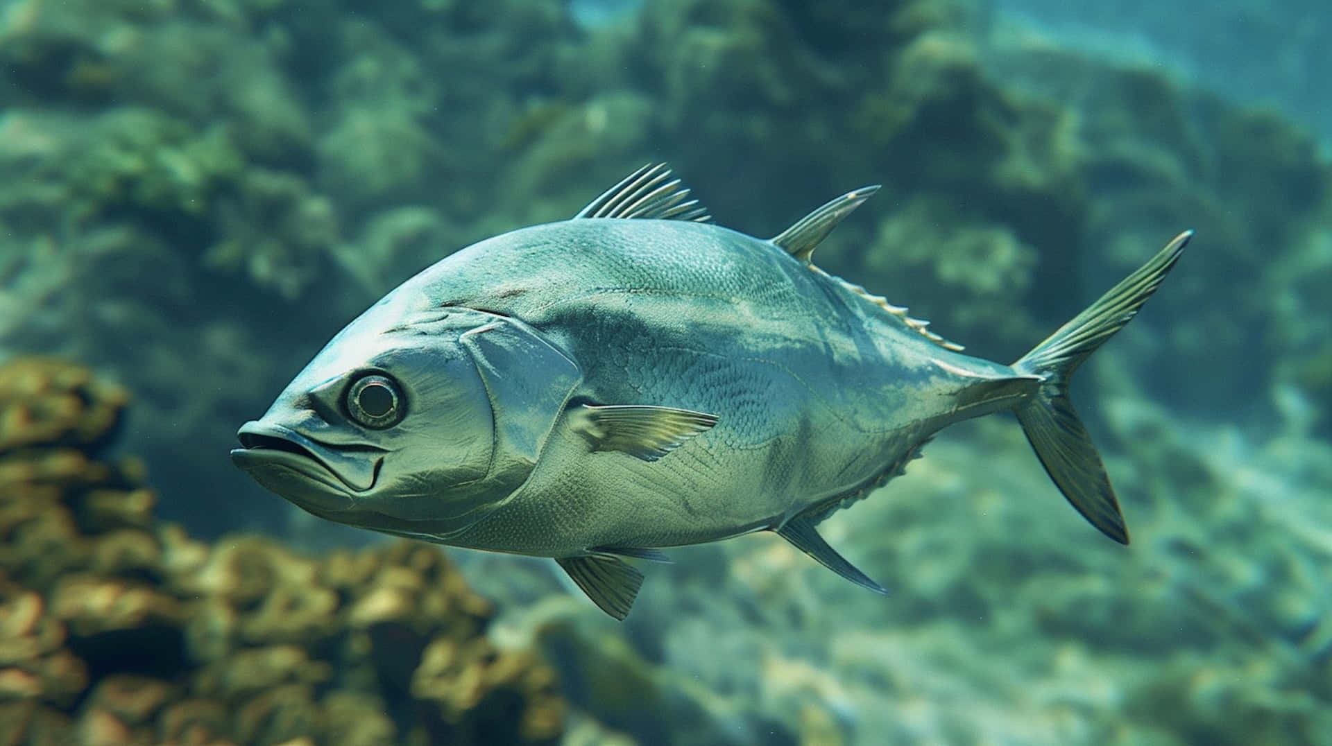 Greater Amberjack, silver, turquoise waters, Full HD Desktop Wallpaper