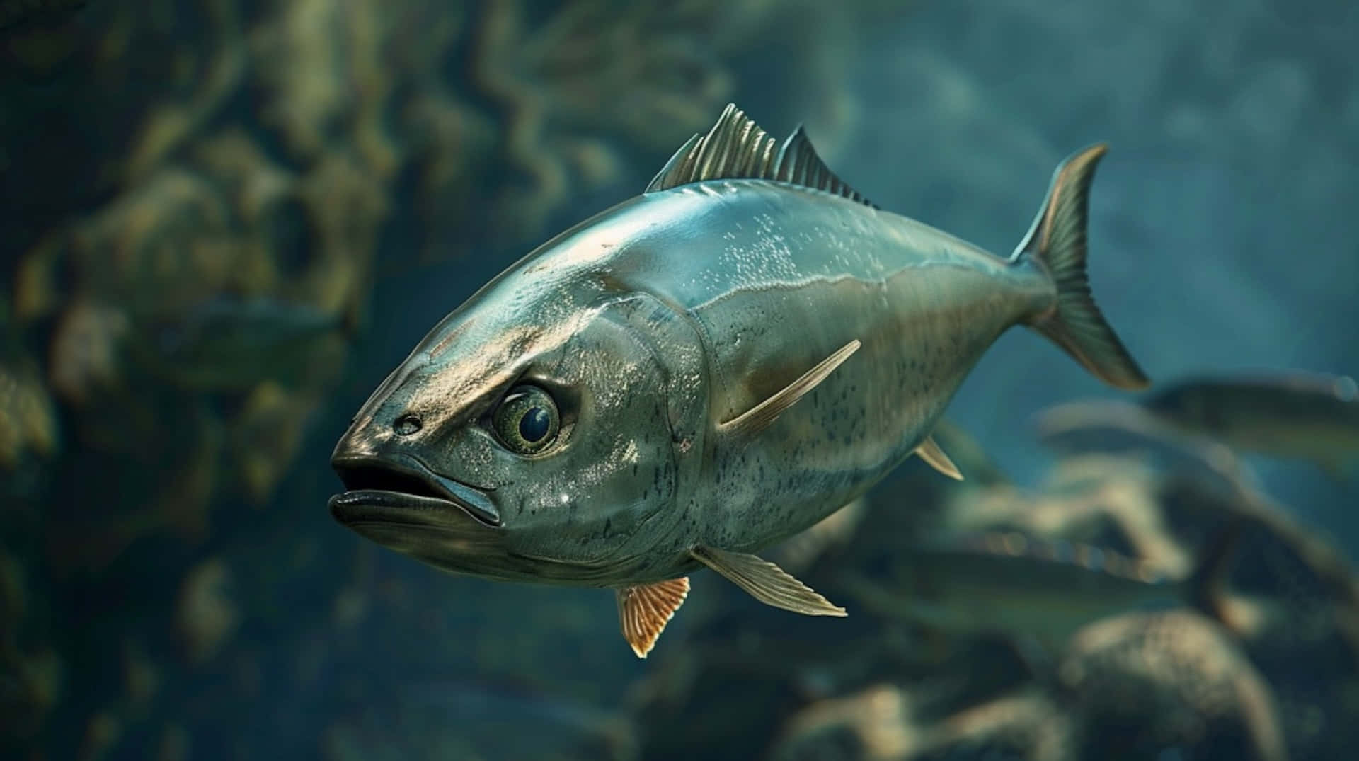 Greater Amberjack, silver, murky blue-green water, Full HD Desktop Wallpaper