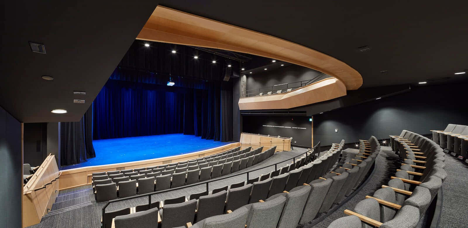modern theater, curved wooden balconies, gray seats, HD Desktop Wallpaper