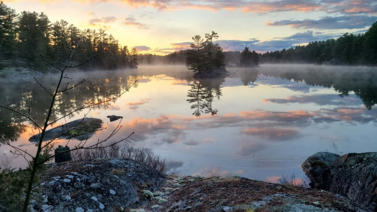 Sudbury Lake, sunrise, mist, HD Desktop Wallpaper