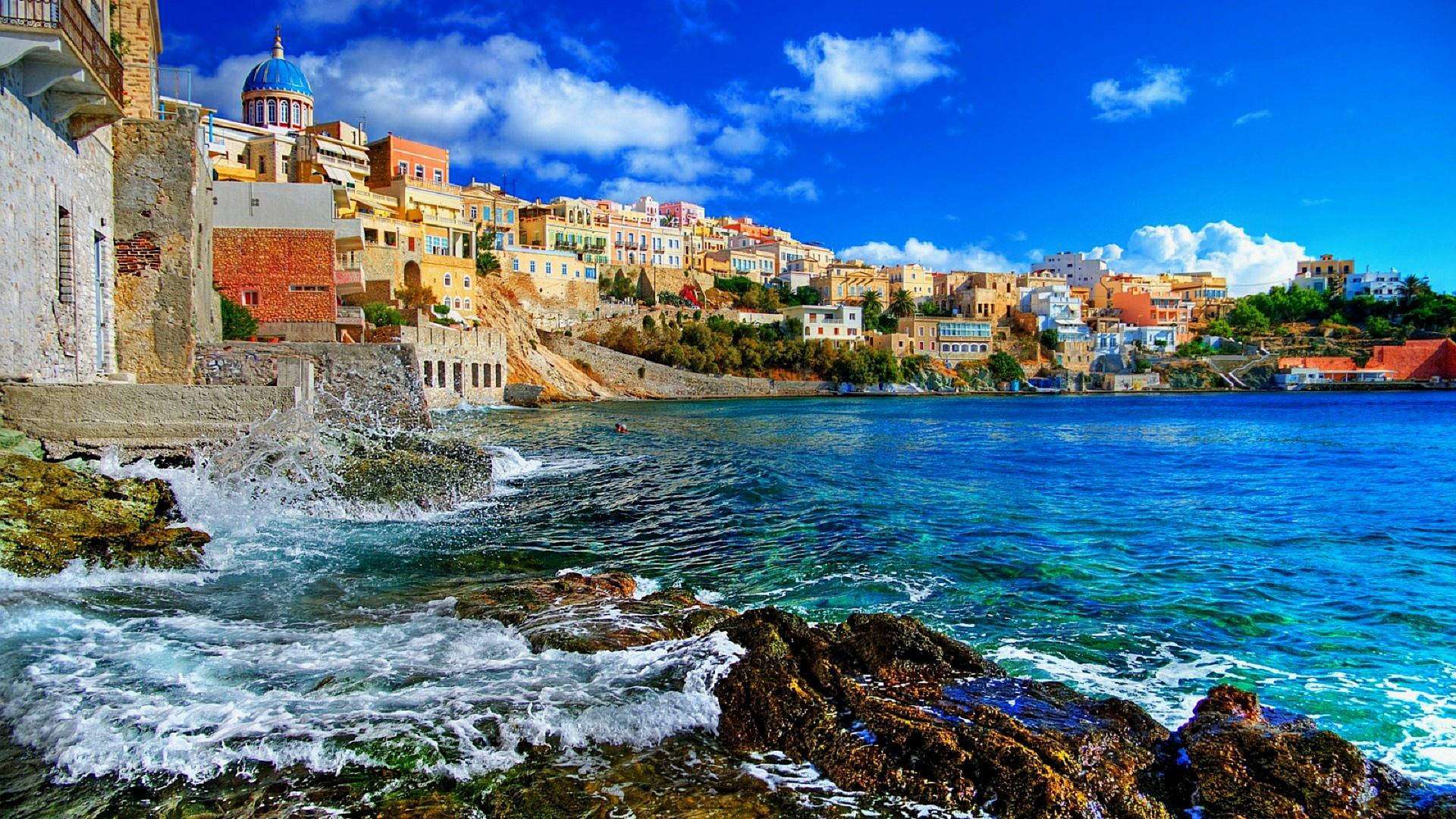 island of syros, greece, whitewashed houses, Full HD Desktop Wallpaper