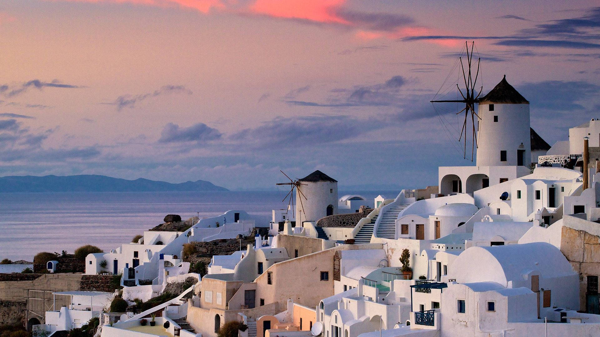 whitewashed city houses, Greece, windmills, Full HD Desktop Wallpaper