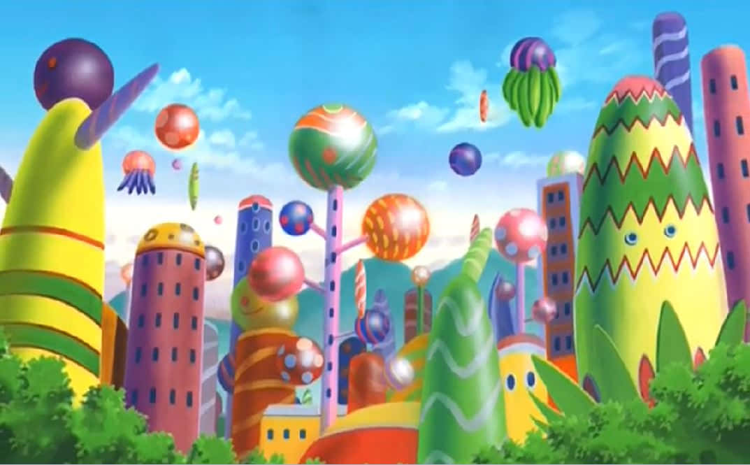 Greed Island, cartoon cityscape, colorful striped buildings, SD Desktop Wallpaper