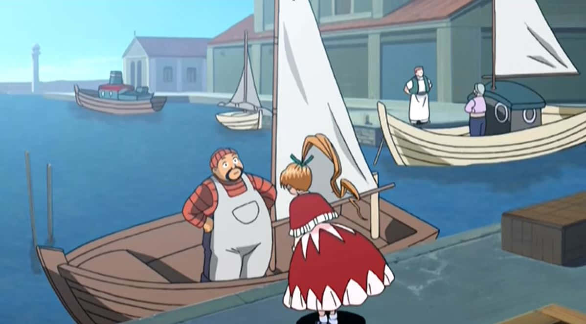 Greed Island, red dress, sailboat, SD Desktop Wallpaper