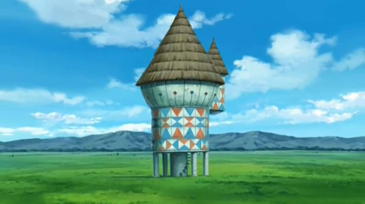 Greed Island, colorful patterned tower, thatched roof, SD Desktop Wallpaper