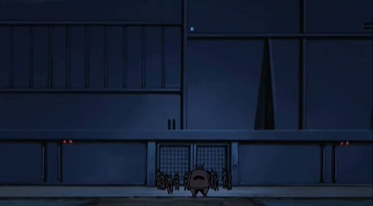 Greed Island, dark blue industrial building, glowing red lights, SD Desktop Wallpaper
