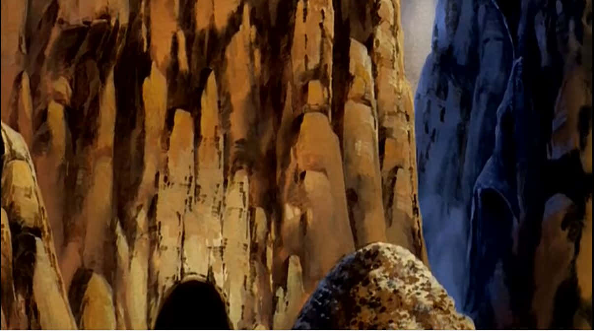 Greed Island, orange rock formations, dark blue cliff face, SD Desktop Wallpaper