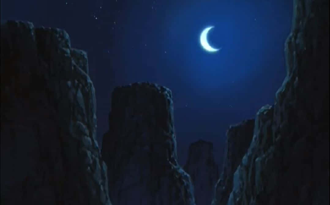 Greed Island, crescent moon, towering dark rock formations, SD Desktop Wallpaper