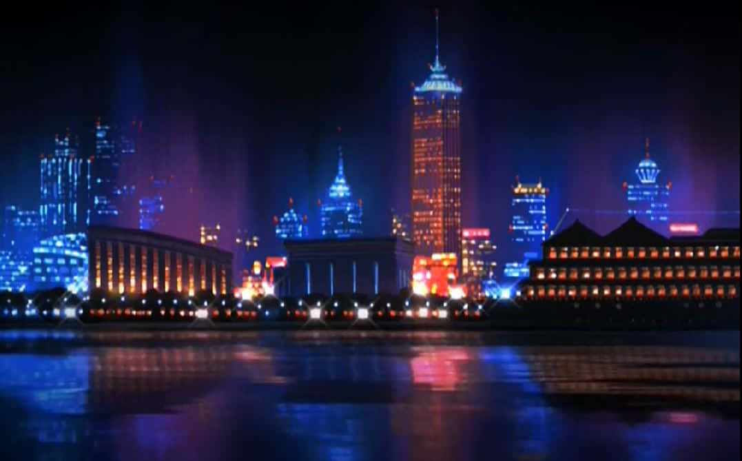 Greed Island, nighttime cityscape, neon-lit skyscrapers, SD Desktop Wallpaper