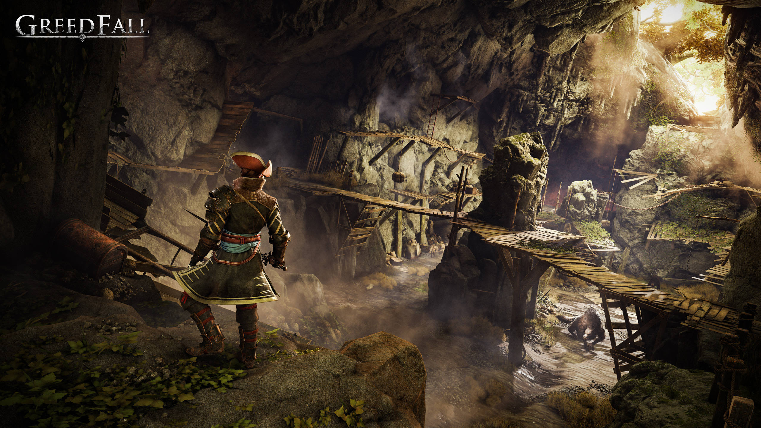 Greedfall, forest setting, misty cave, 2K Desktop Wallpaper