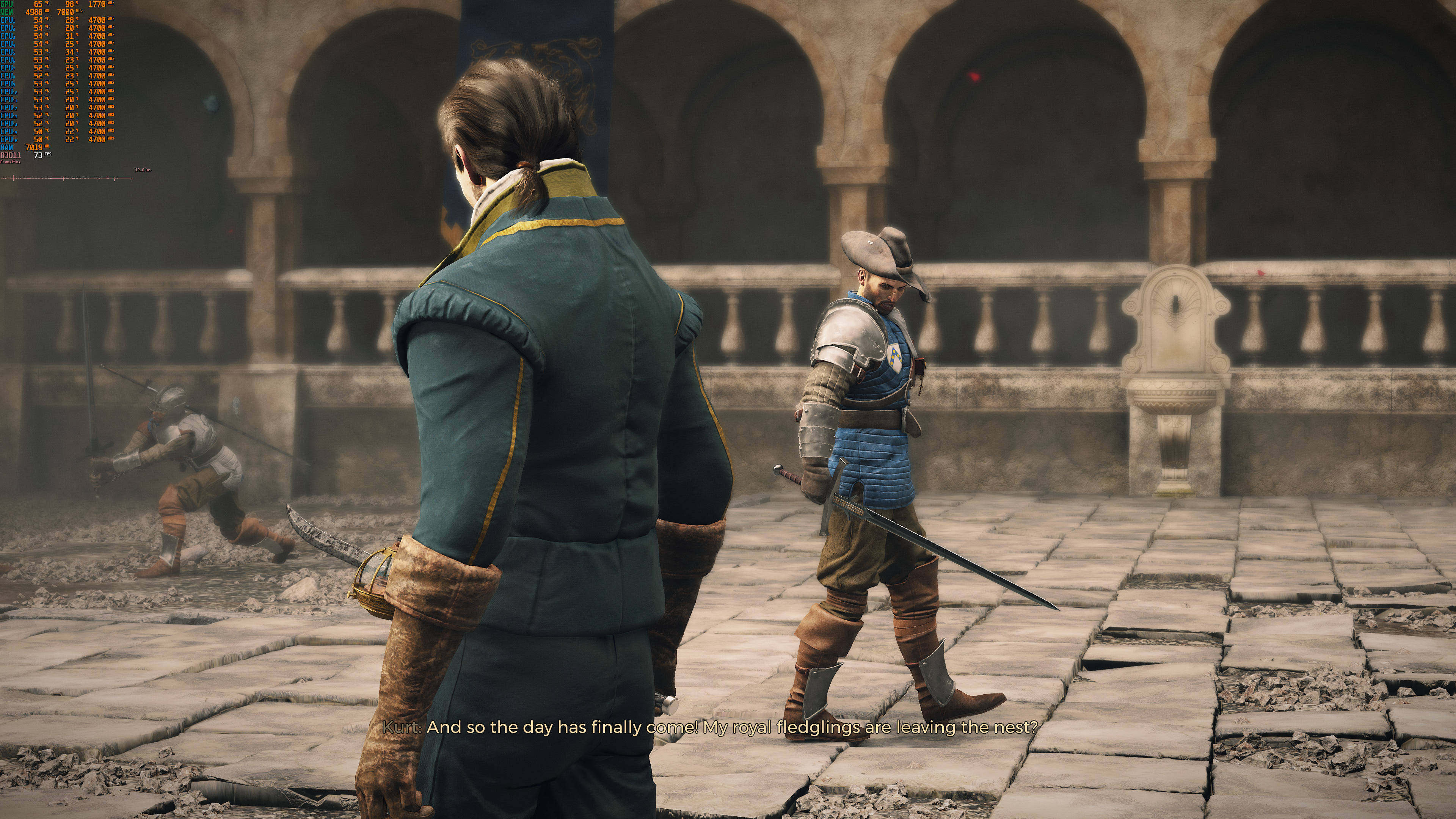 Greedfall, armored warriors, dusty stone courtyard, 4K Desktop Wallpaper