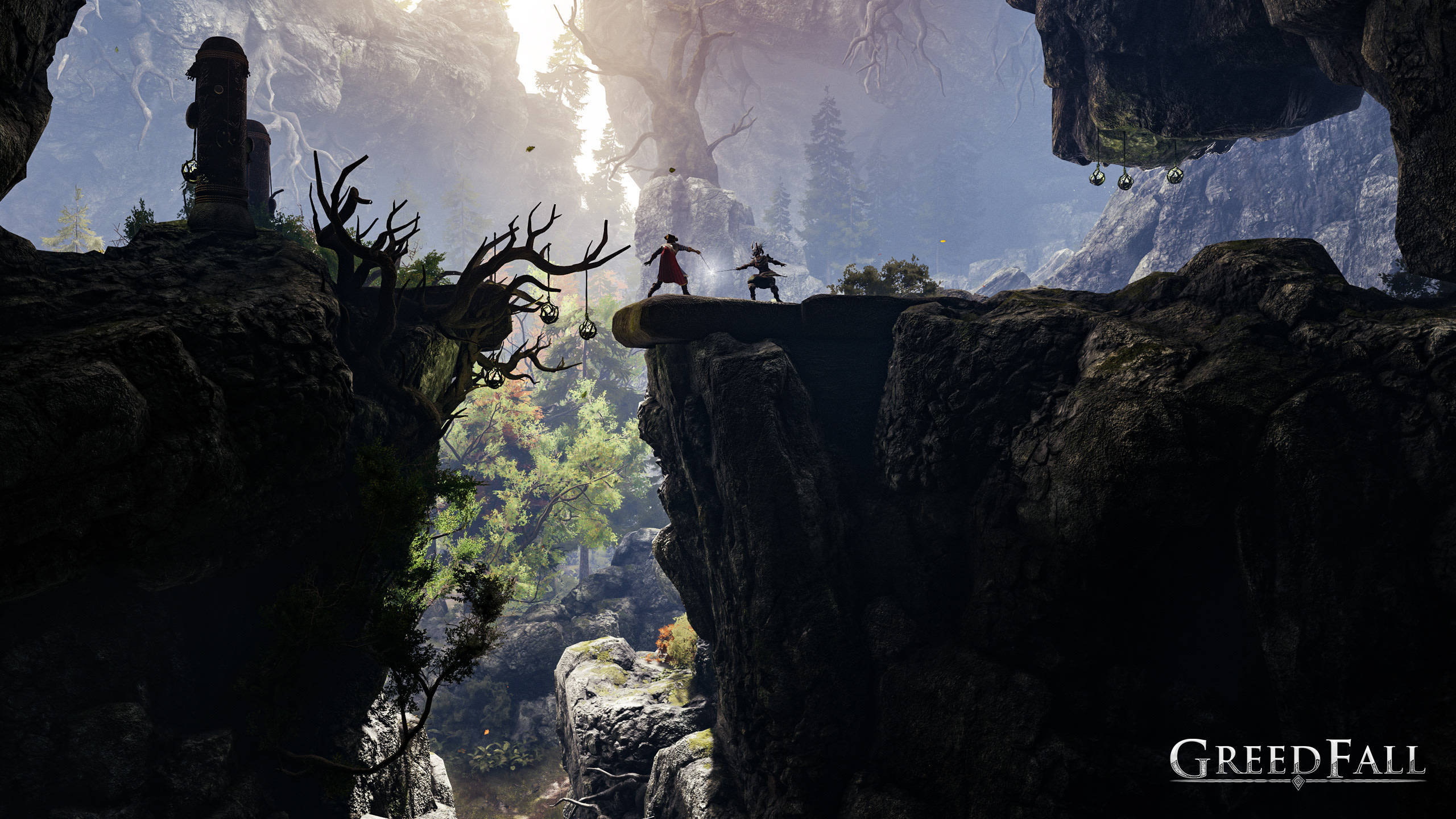 Greedfall, dangerous cliff, fantasy canyon, 2K Desktop Wallpaper