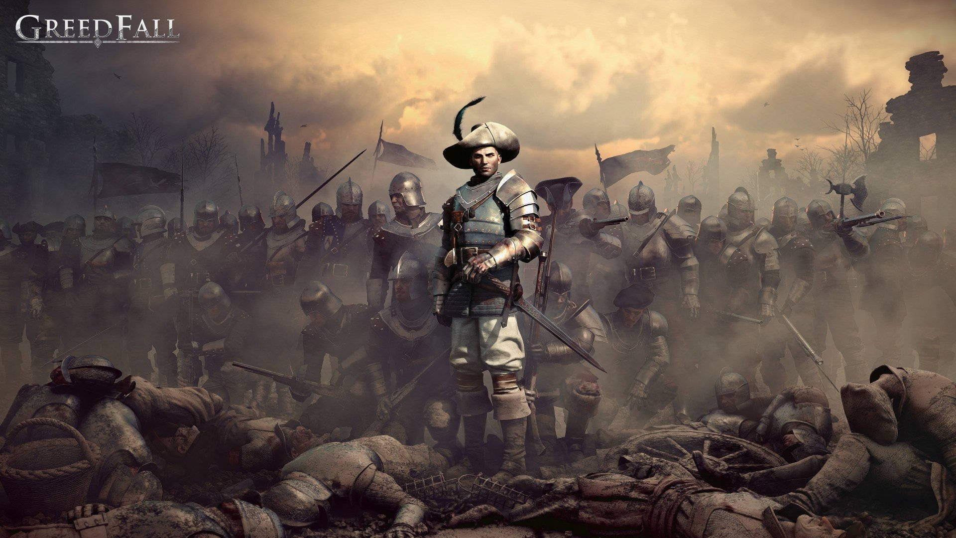 Greedfall, armored soldiers, smoky battlefield, Full HD Desktop Wallpaper