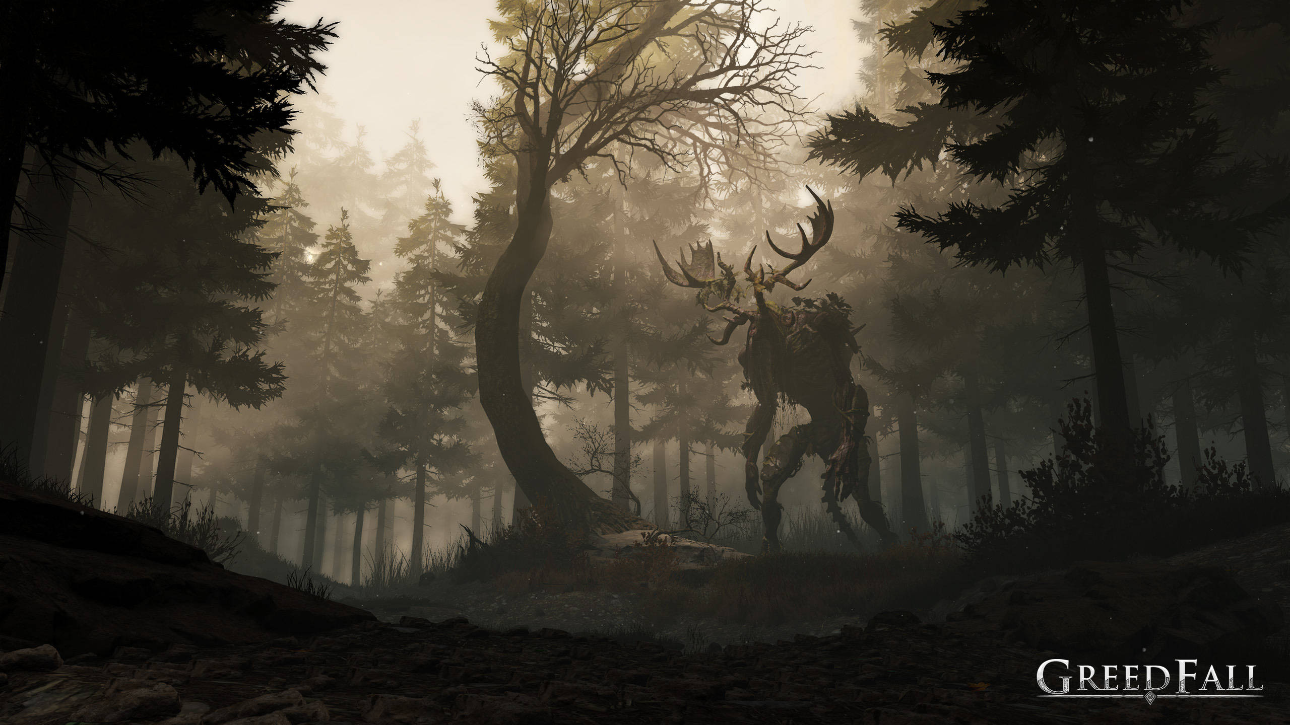 Greedfall, misty forest, towering monstrous stag, 2K Desktop Wallpaper