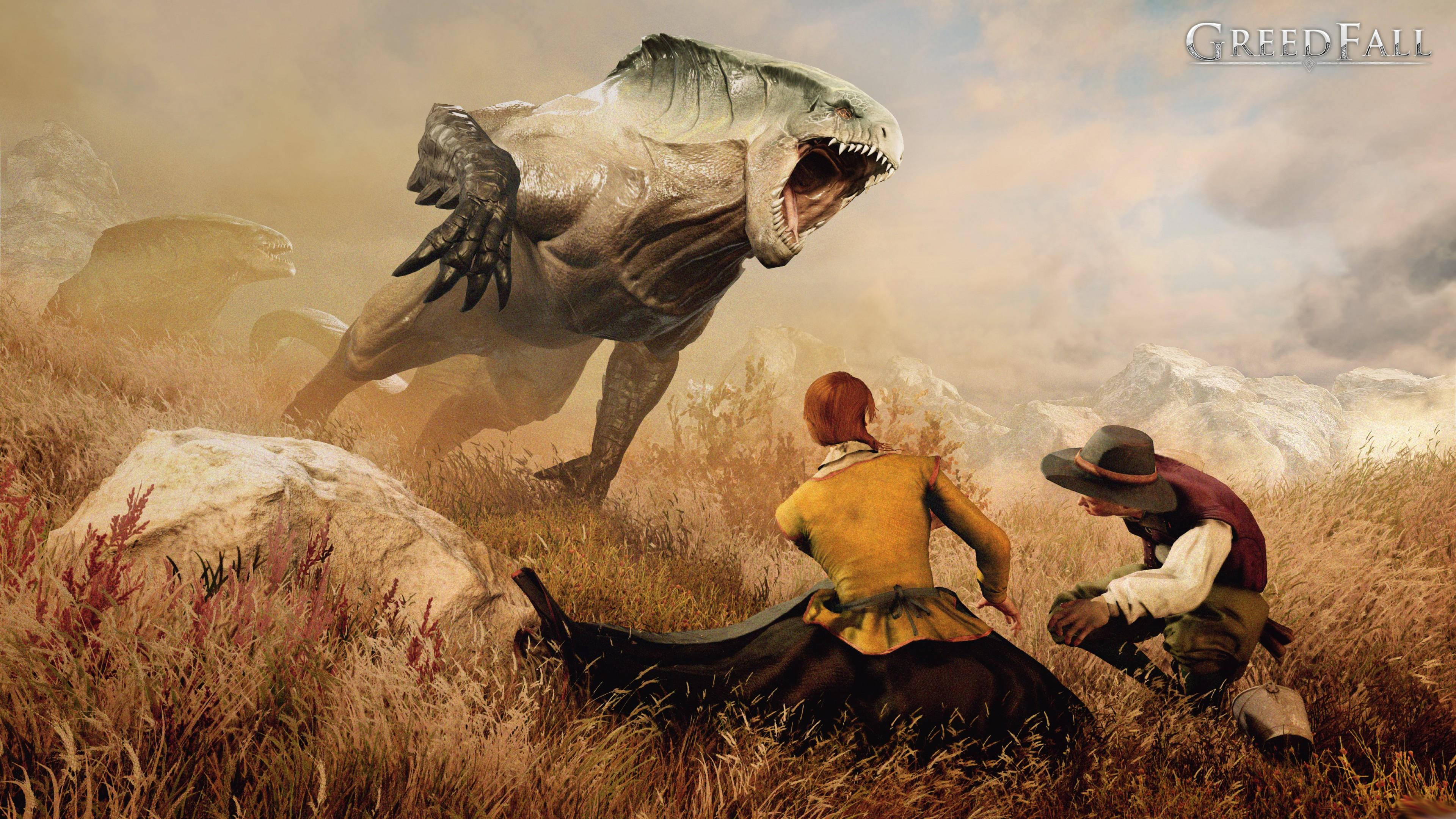 Greedfall, dinosaur, adventurers, 4K Desktop Wallpaper