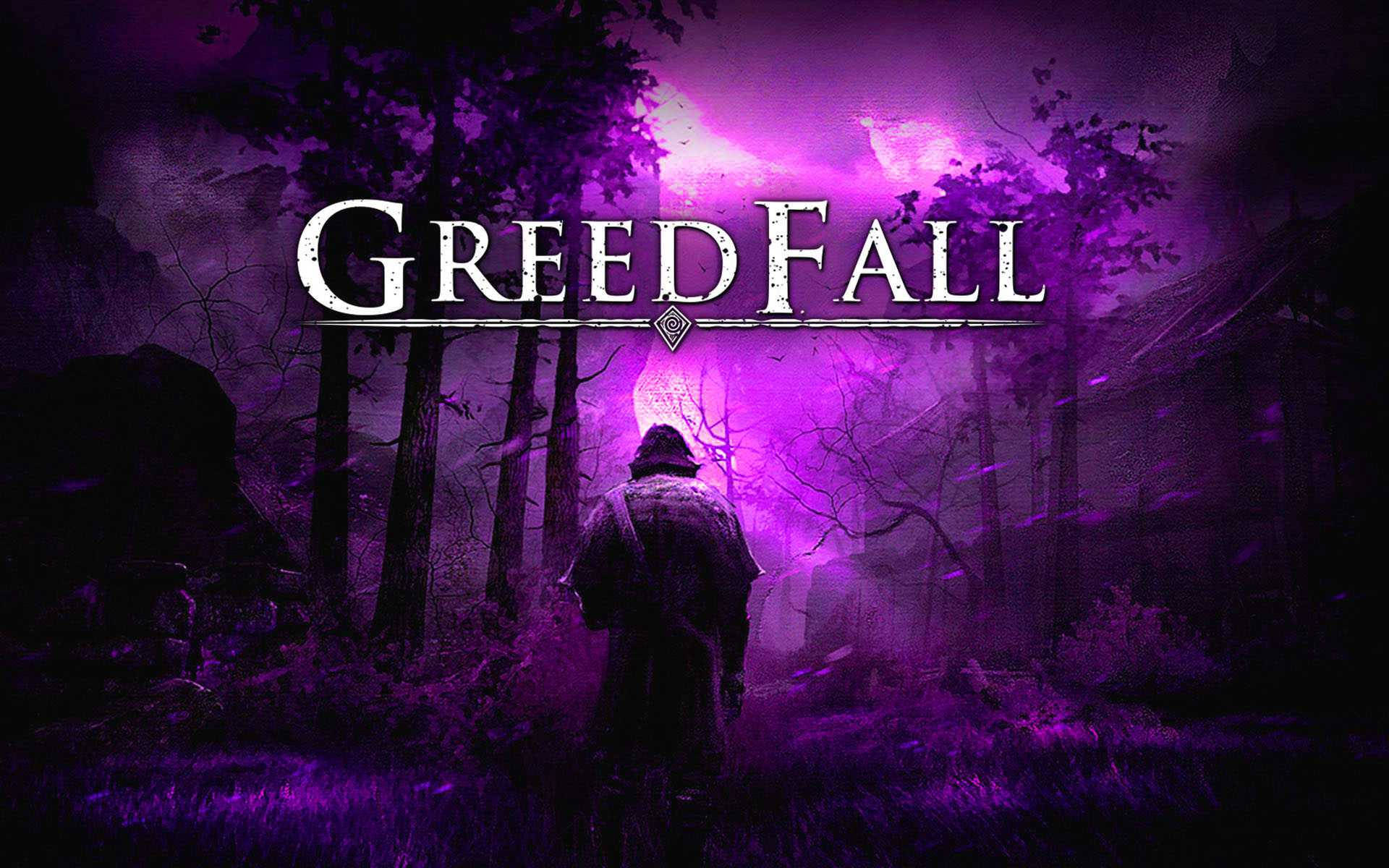 Greedfall, purple forest, hooded figure, Full HD Desktop Wallpaper