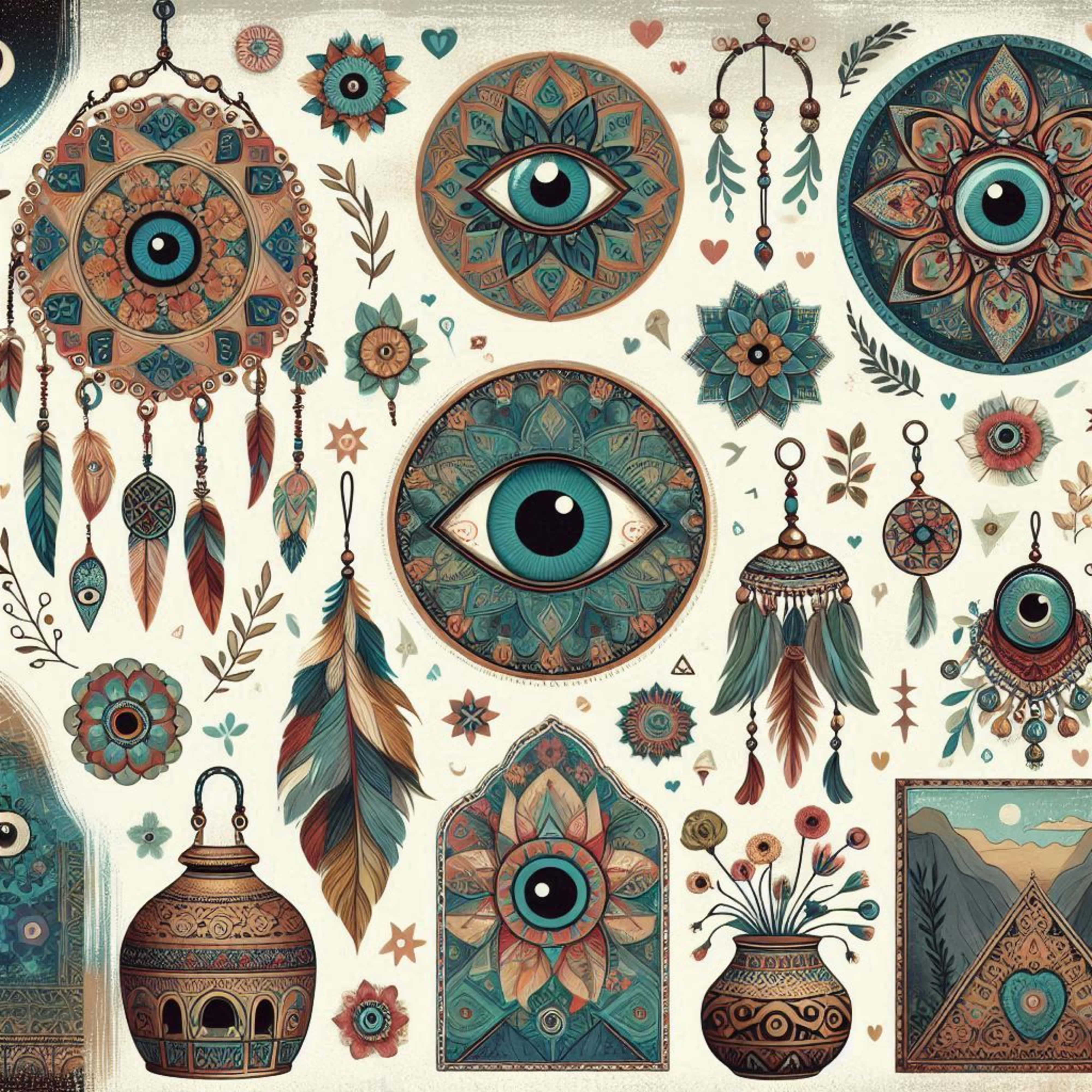 Greek Eye, boho set, teal, 4K Desktop Wallpaper