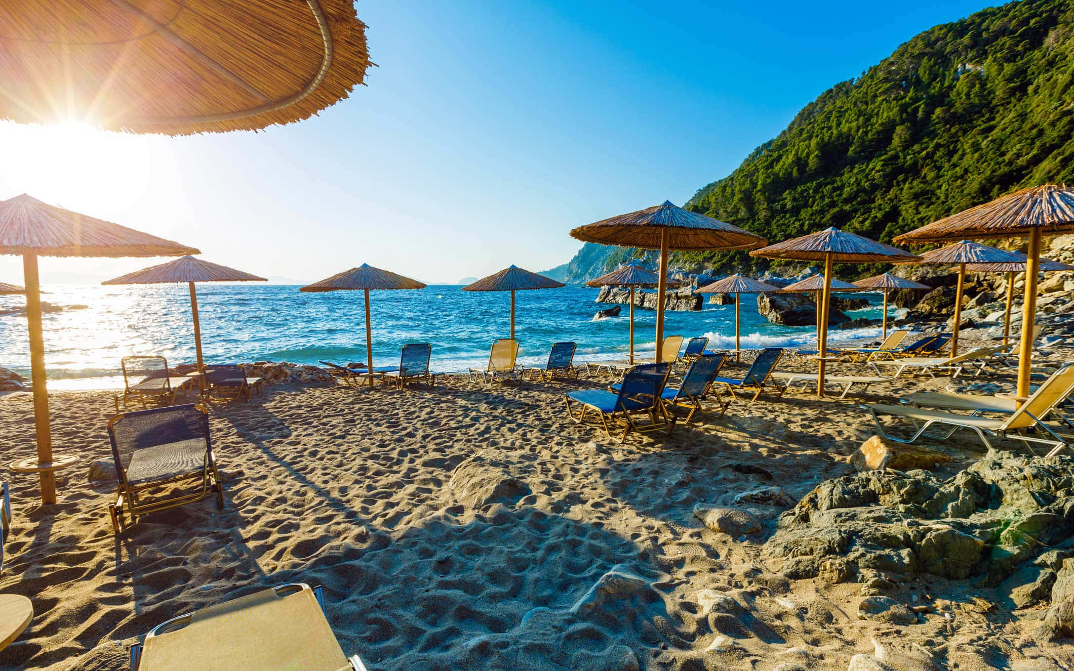 Greek Beach, straw umbrellas, lounge chairs, Full HD Desktop Wallpaper