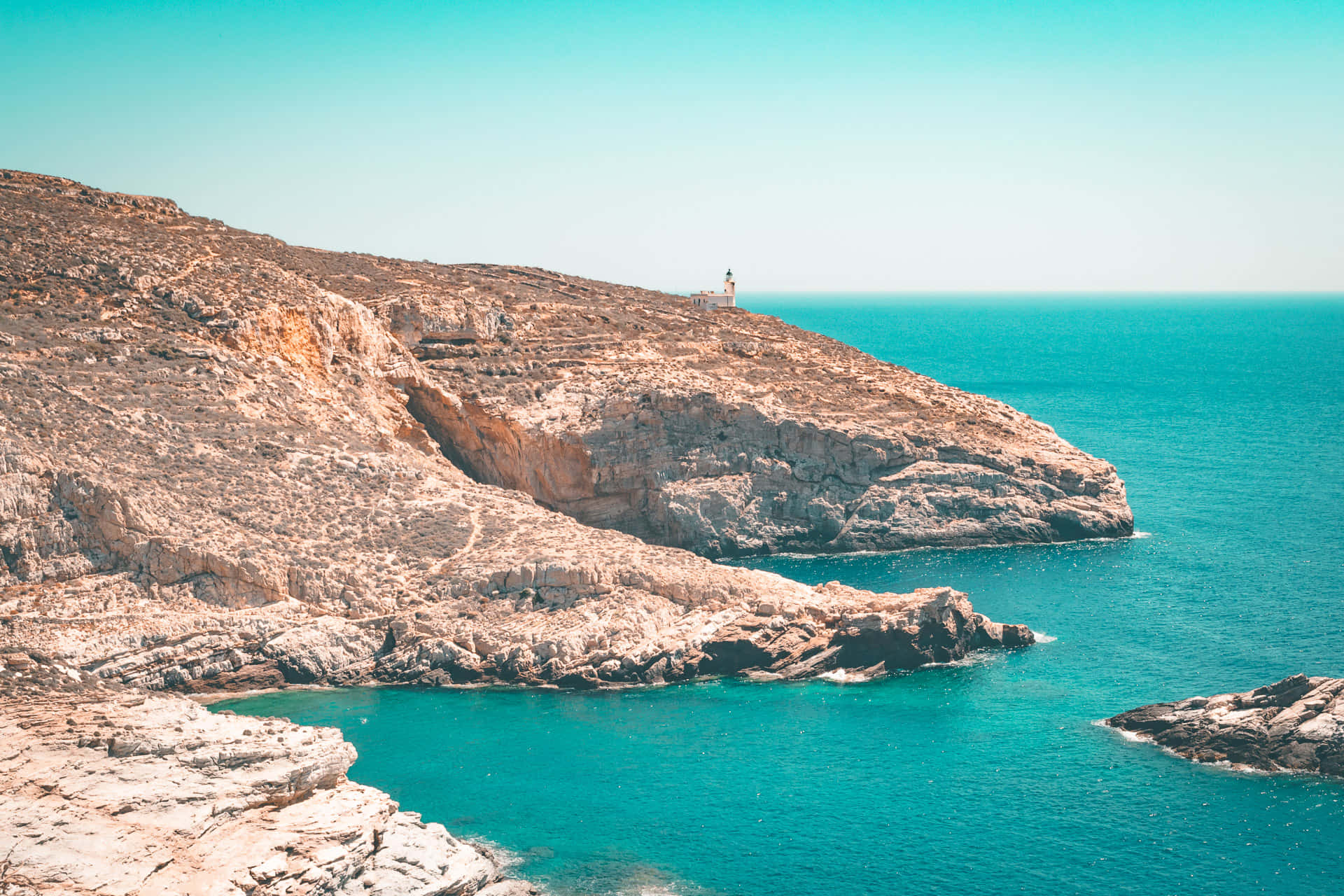 Greek Beach, lighthouse, rugged cliffs, Full HD Desktop Wallpaper