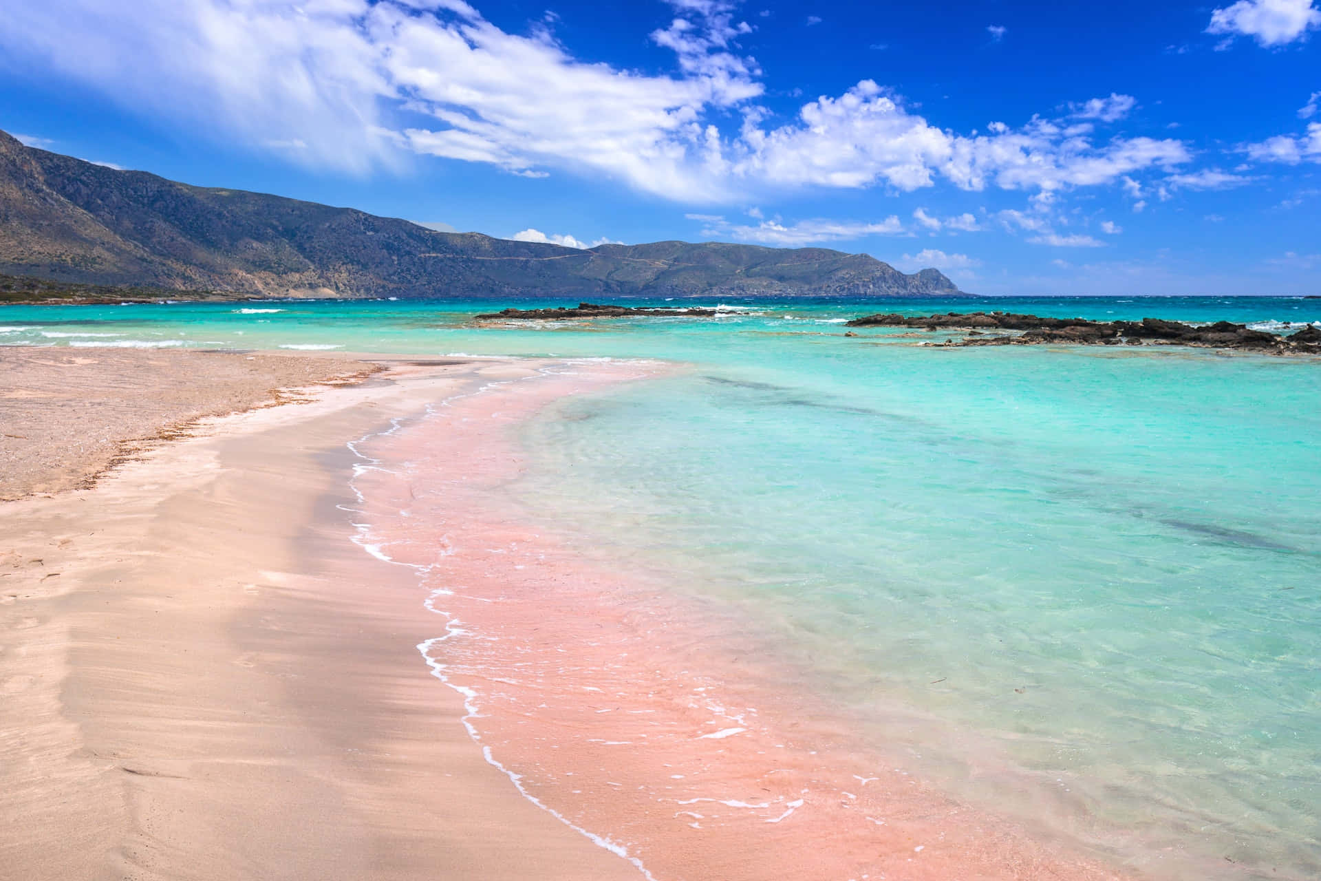 Greek Beach, pink sand, turquoise water, Full HD Desktop Wallpaper