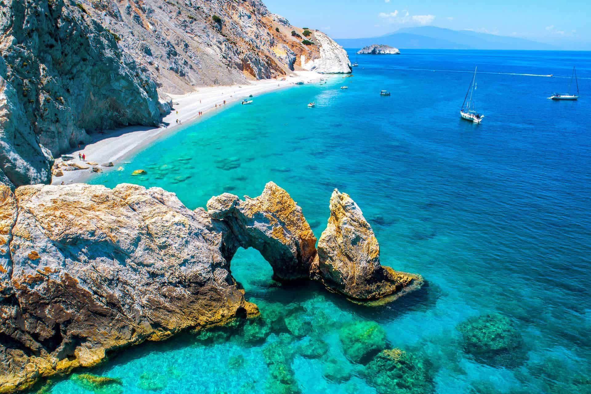 Greek Beach, turquoise cove, natural rock arch, Full HD Desktop Wallpaper