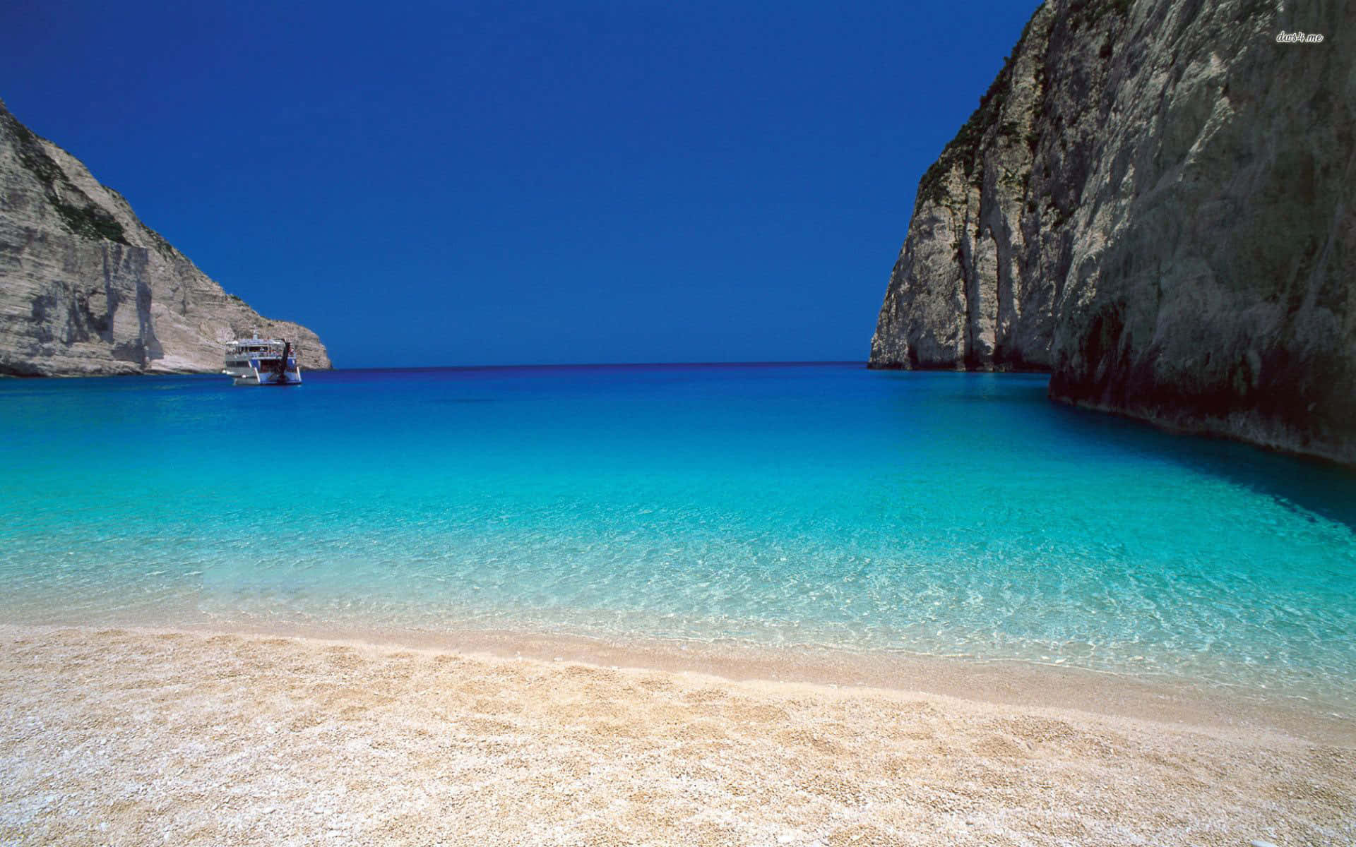 Greek Beach, turquoise waters, towering cliffs, Full HD Desktop Wallpaper