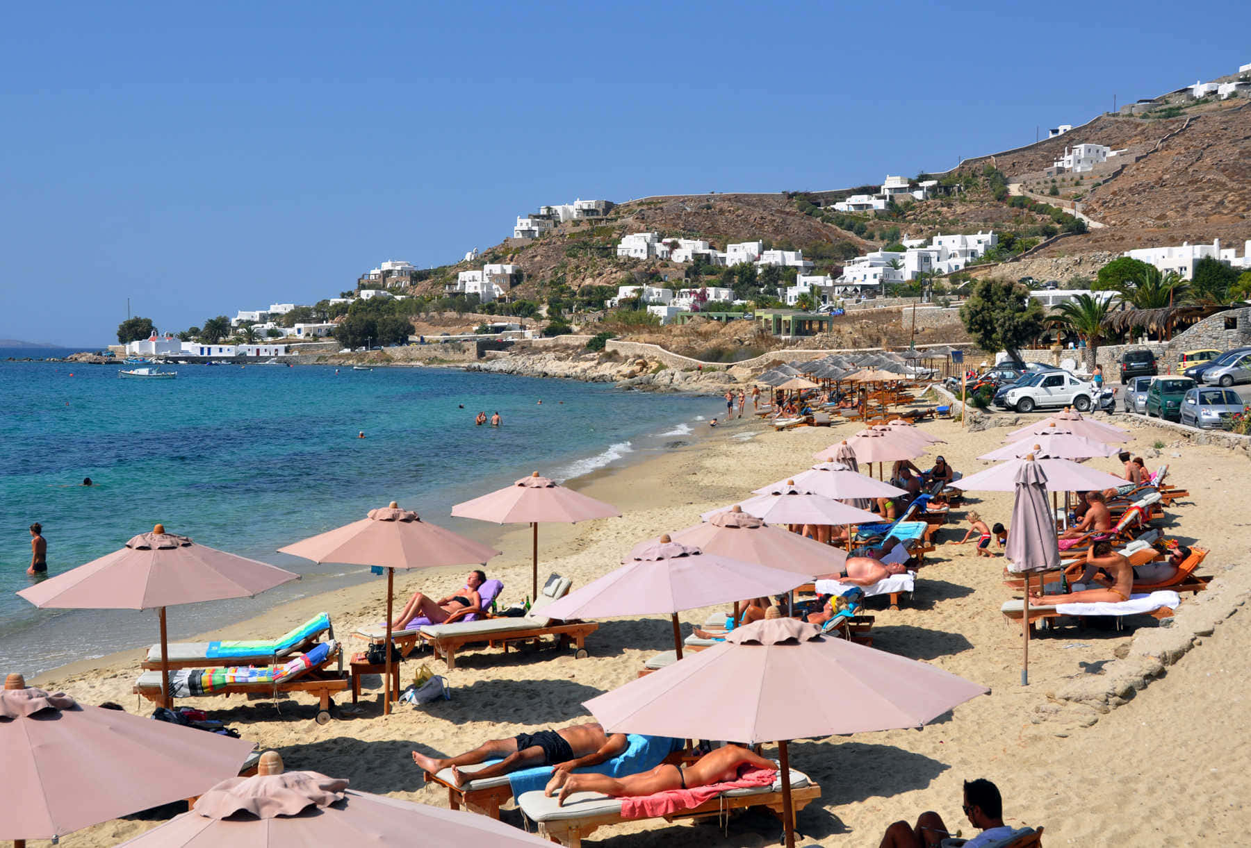 Greek Beach, pink umbrellas, turquoise water, HD Desktop Wallpaper