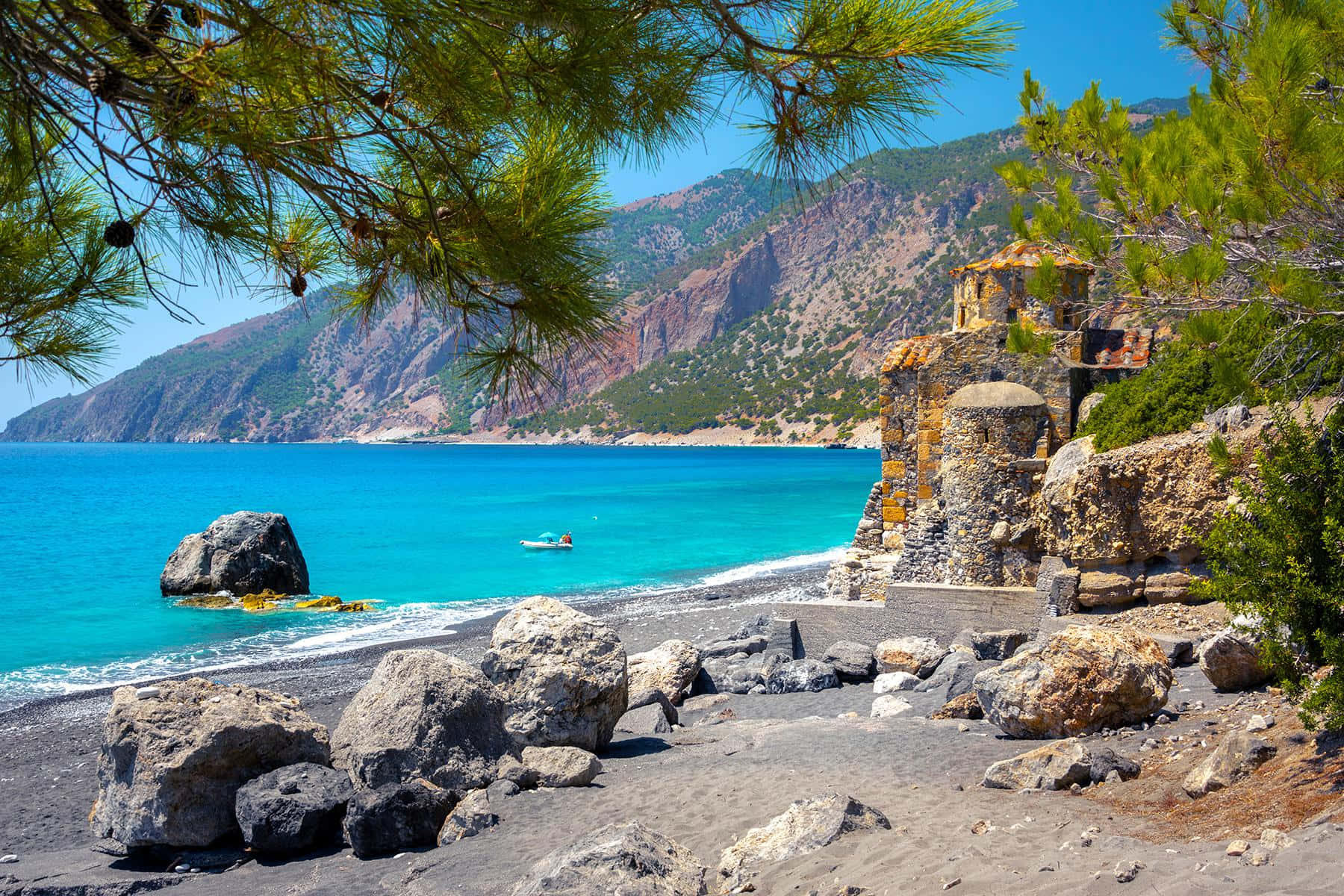 Greek Beach, turquoise sea, rocky shore, HD Desktop Wallpaper