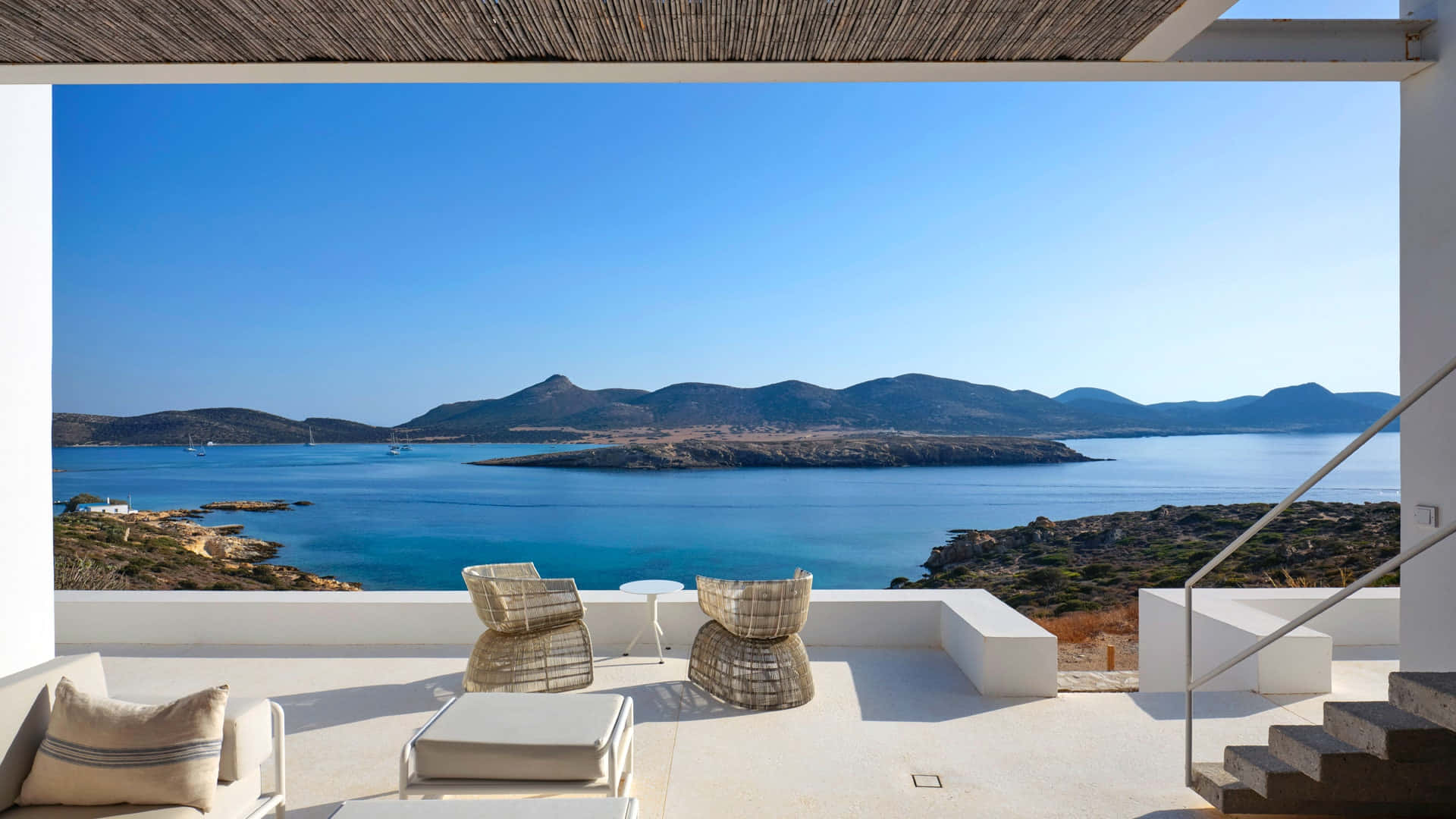Greek Beach, turquoise waters, distant hills, Full HD Desktop Wallpaper