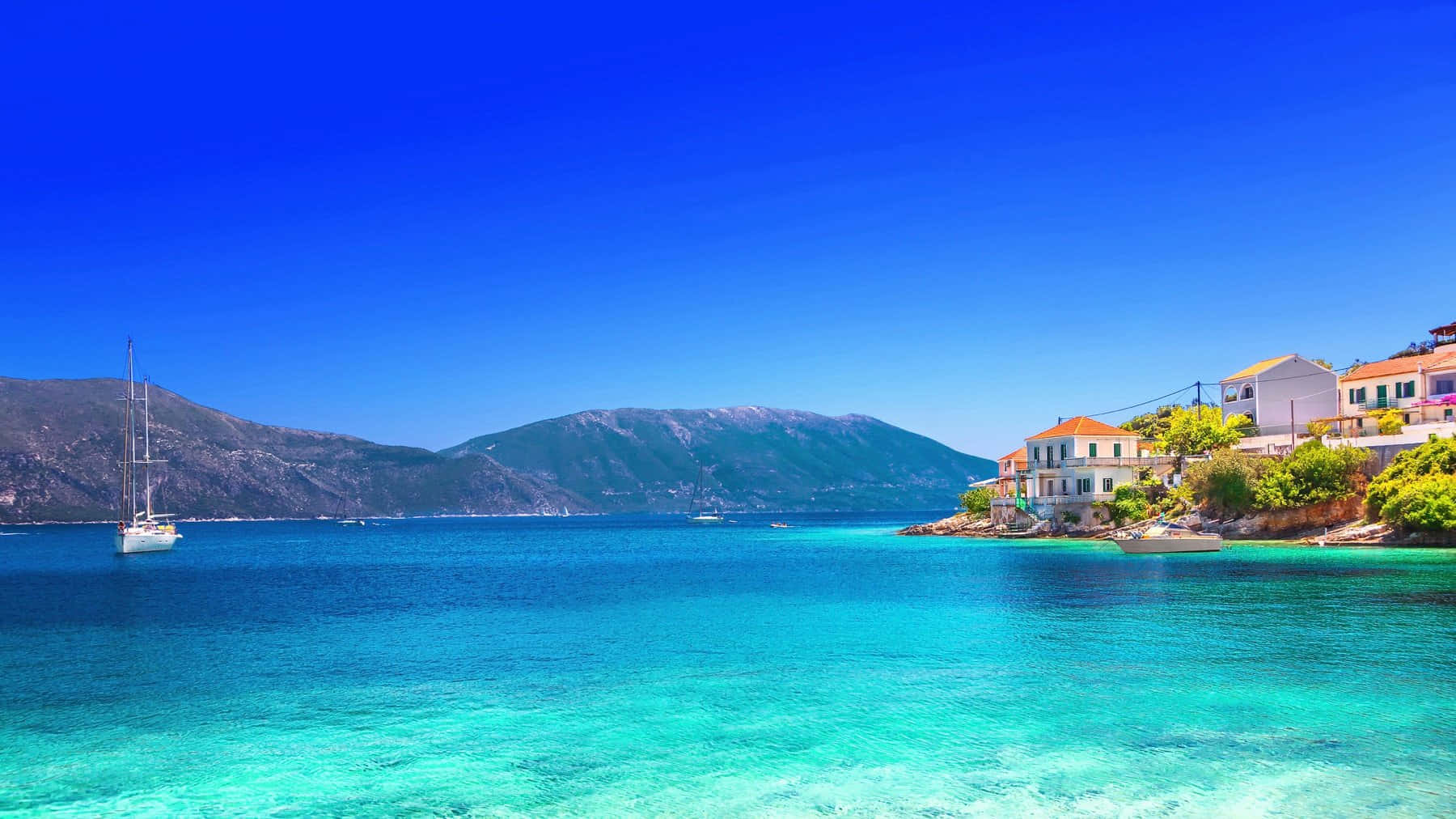 Greek Beach, sailboat, crystal clear turquoise waters, HD Desktop Wallpaper