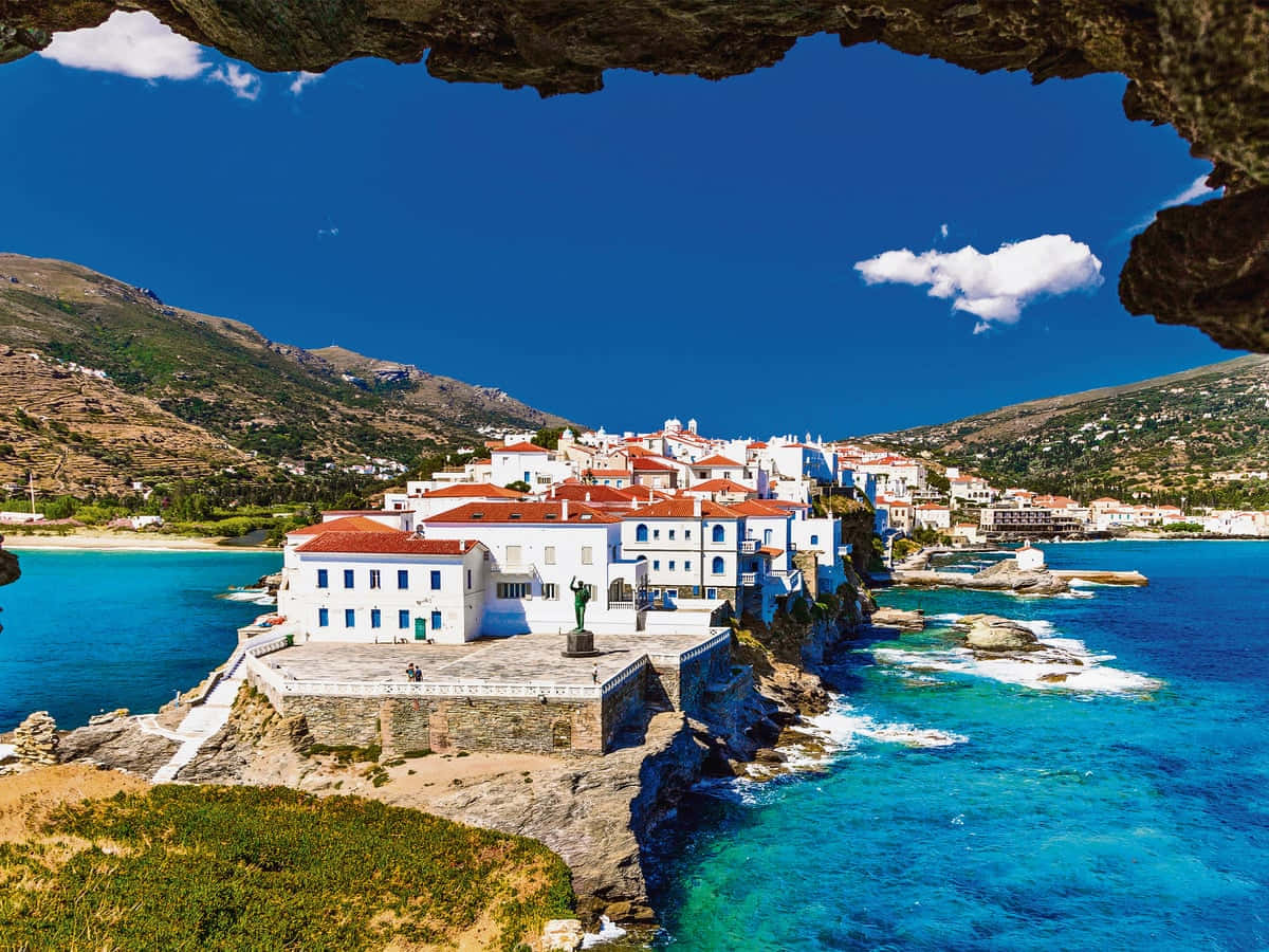 Greek beach, white buildings, red roofs, SD Desktop Wallpaper