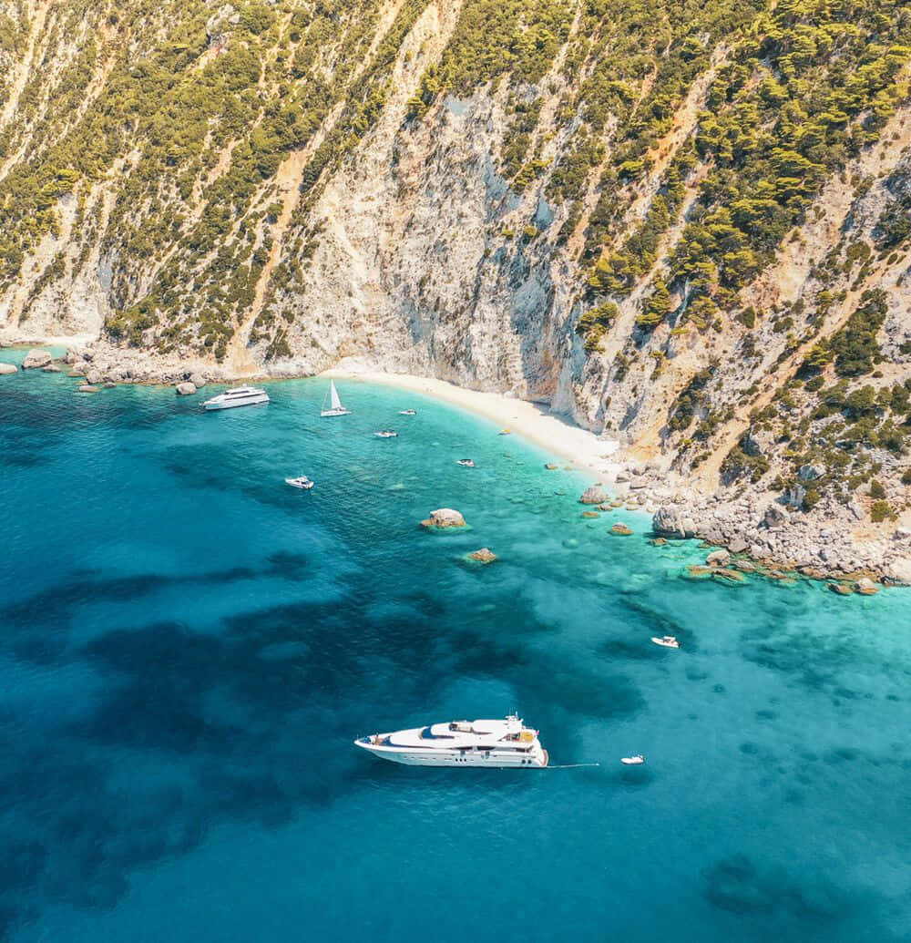 Greek Beach, turquoise cove, white yachts, SD Phone Wallpaper
