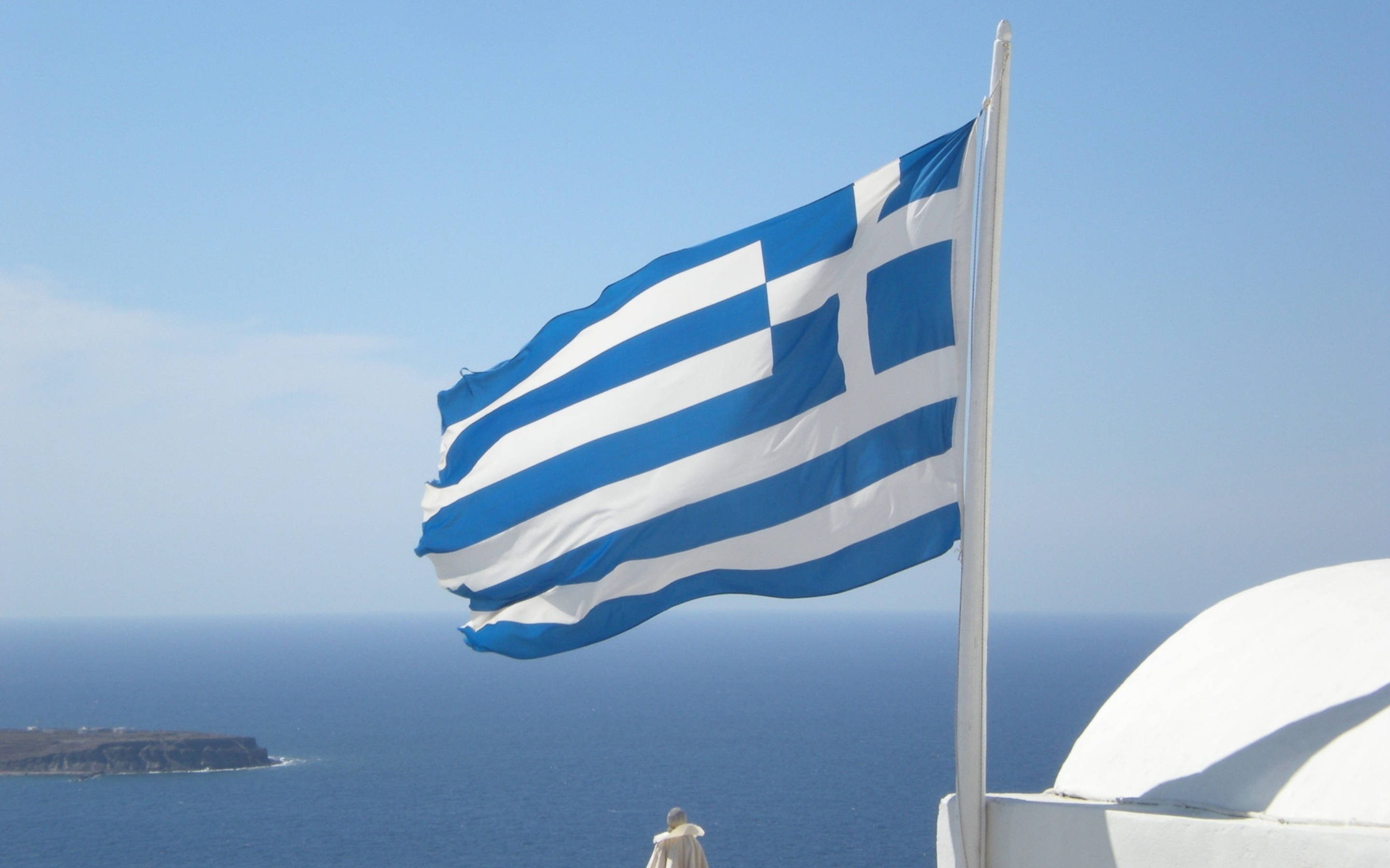 Greek flag, clear blue sky, deep blue sea, 2K Desktop Wallpaper