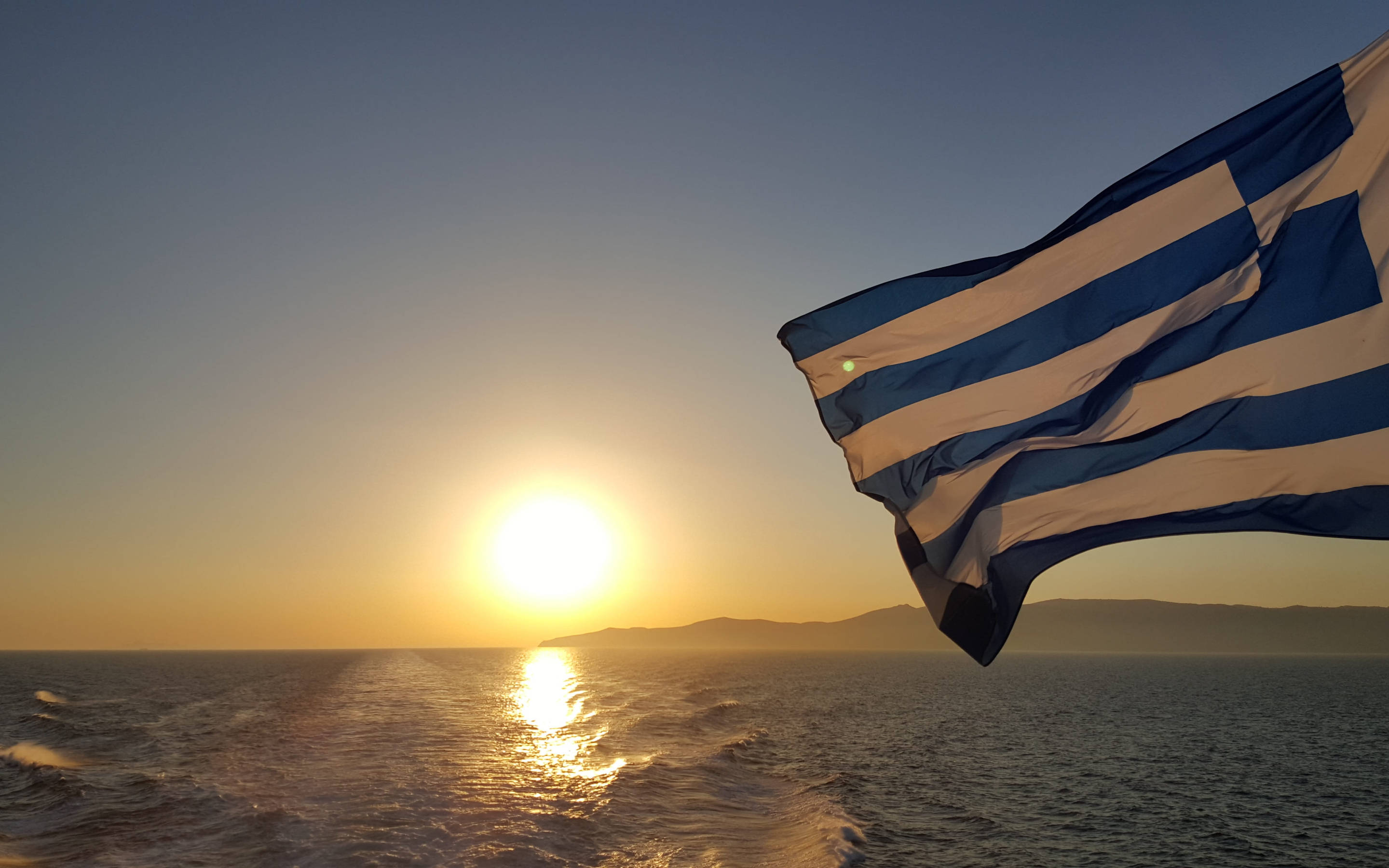 Greek flag, golden sunset, calm sea, 2K Desktop Wallpaper