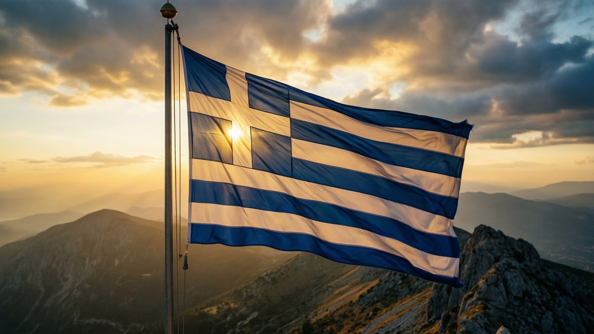 Greek flag, mountain peak, sunrise, Full HD Desktop Wallpaper