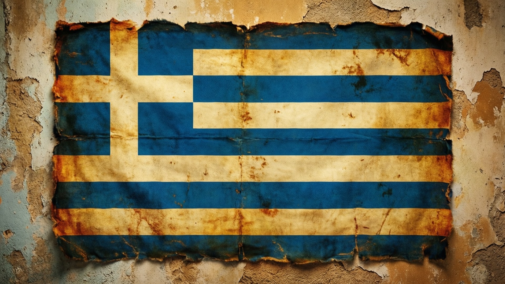 Greek flag, torn edges, faded blue and white stripes, Full HD Desktop Wallpaper