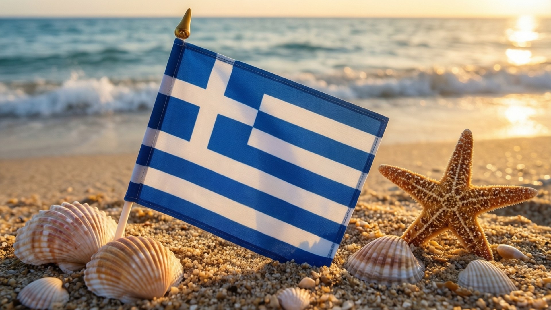 Greek flag, sunset, golden sand, Full HD Desktop Wallpaper
