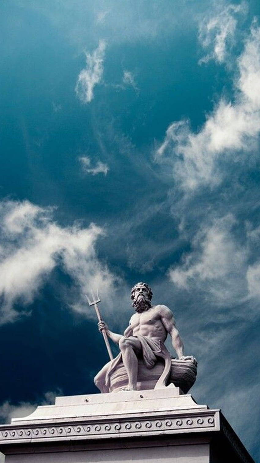 bearded god, trident, stone statue, HD Phone Wallpaper