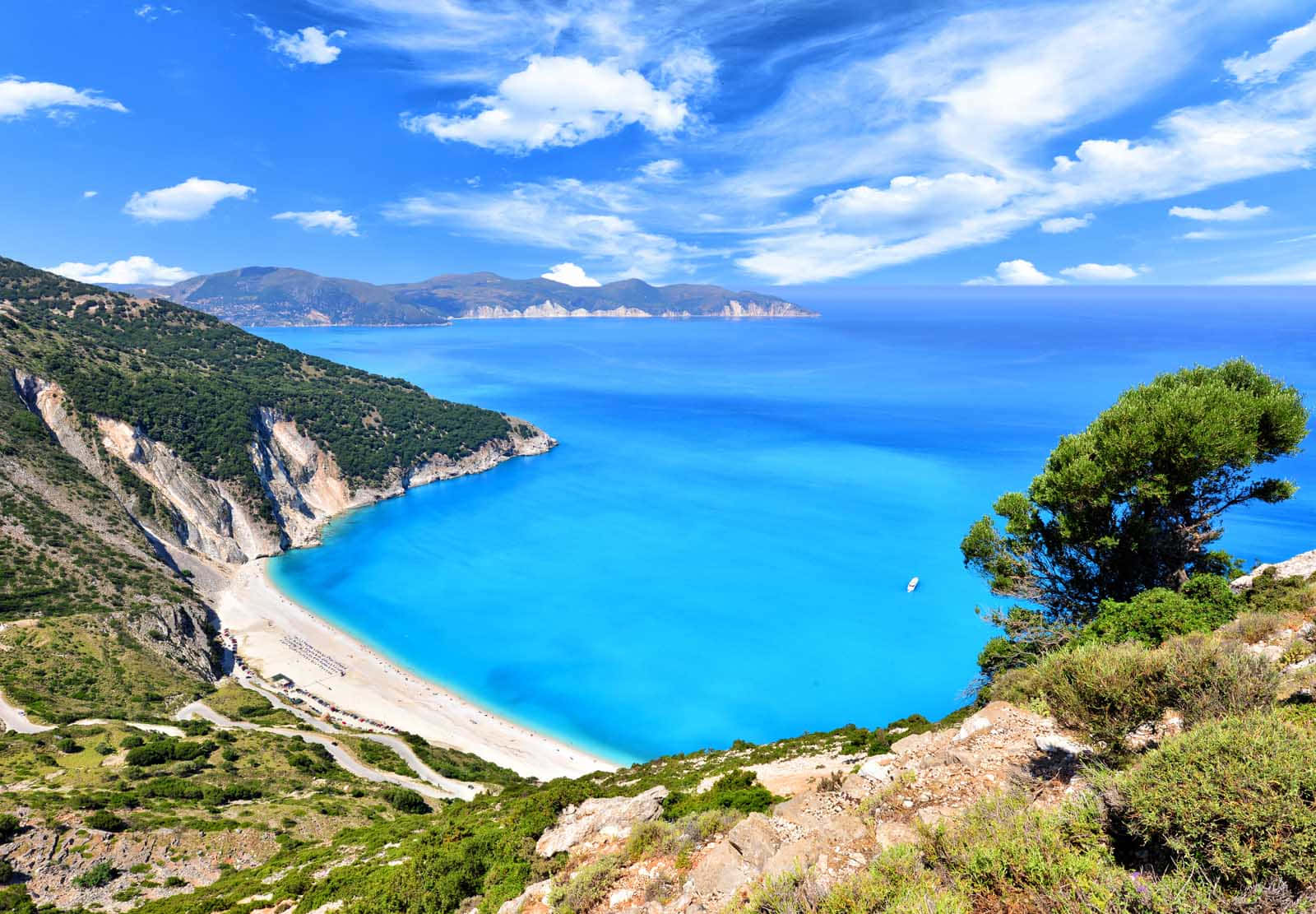 Greek beach, turquoise bay, rugged green hills, HD Desktop Wallpaper