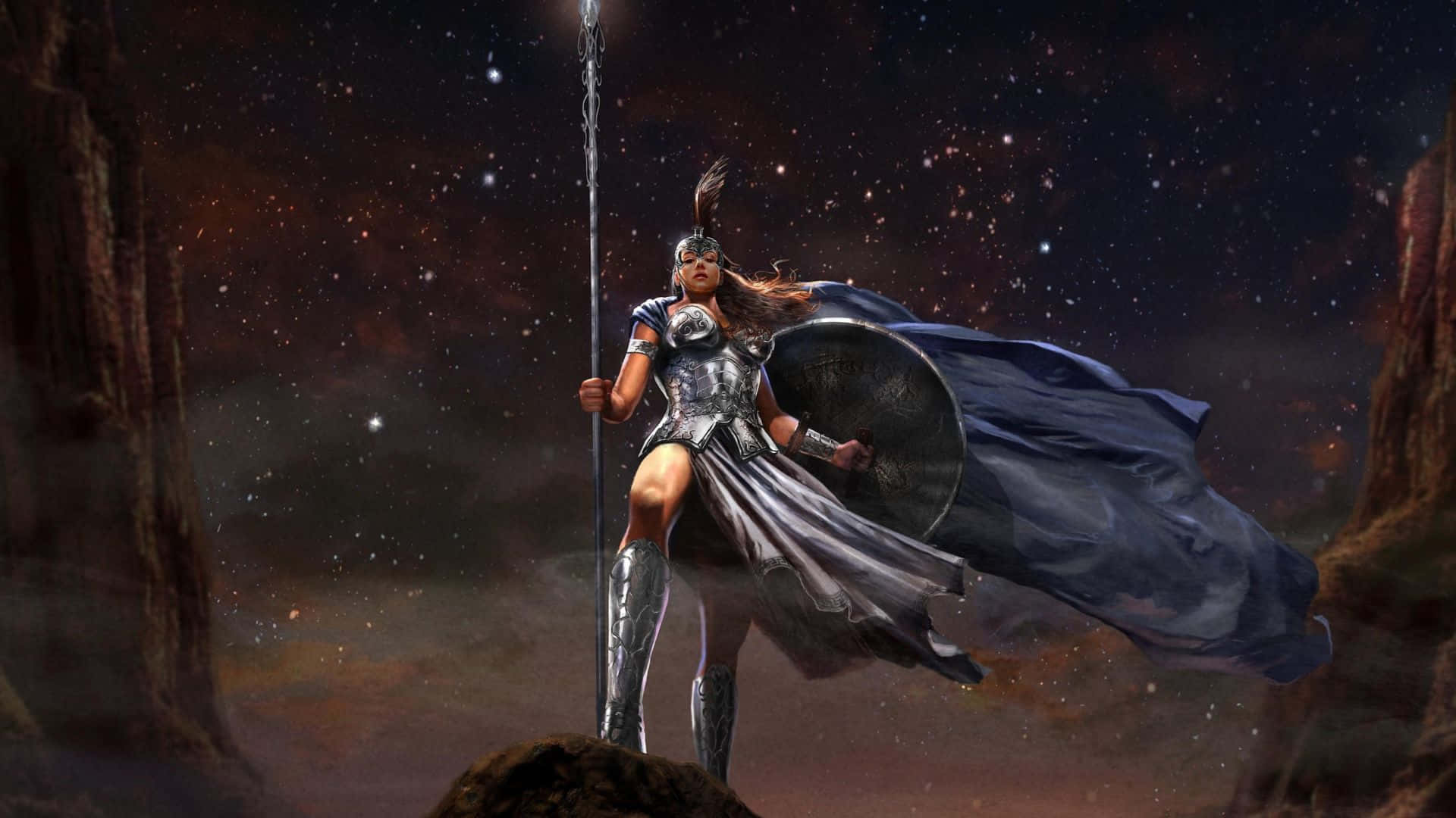 warrior goddess, silver armor, rocky peak, Full HD Desktop Wallpaper